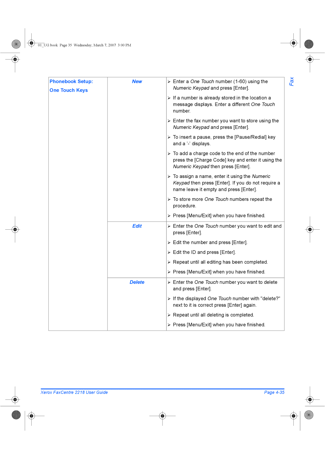 Xerox 2218 manual Phonebook Setup One Touch Keys 