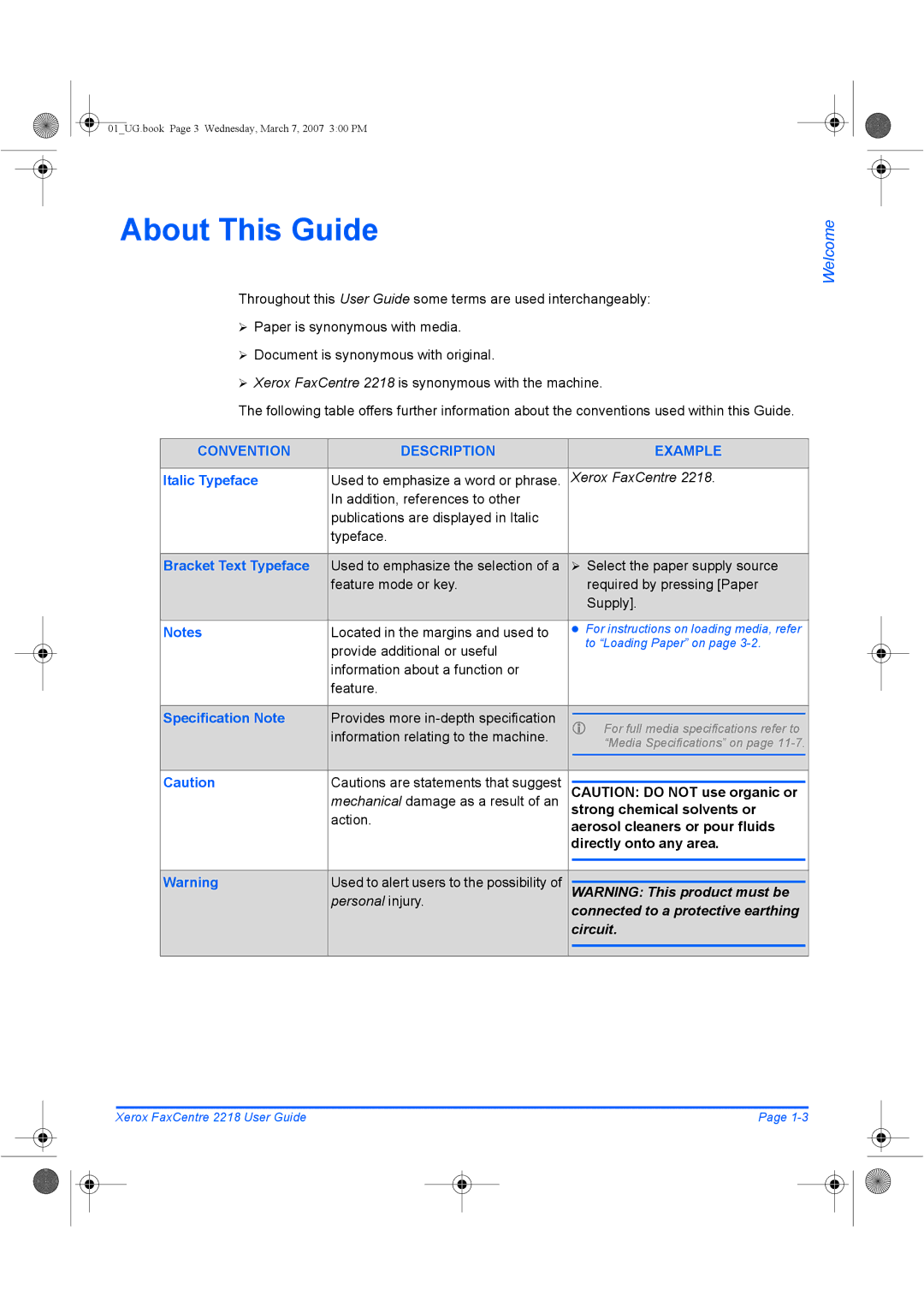 Xerox 2218 manual About This Guide, Italic Typeface, Bracket Text Typeface, Specification Note 