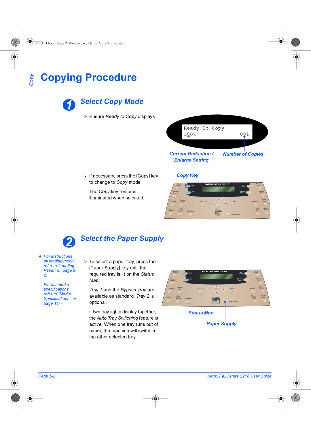 Xerox 2218 manual Copying Procedure, Select Copy Mode, Select the Paper Supply, Status Map Paper Supply 