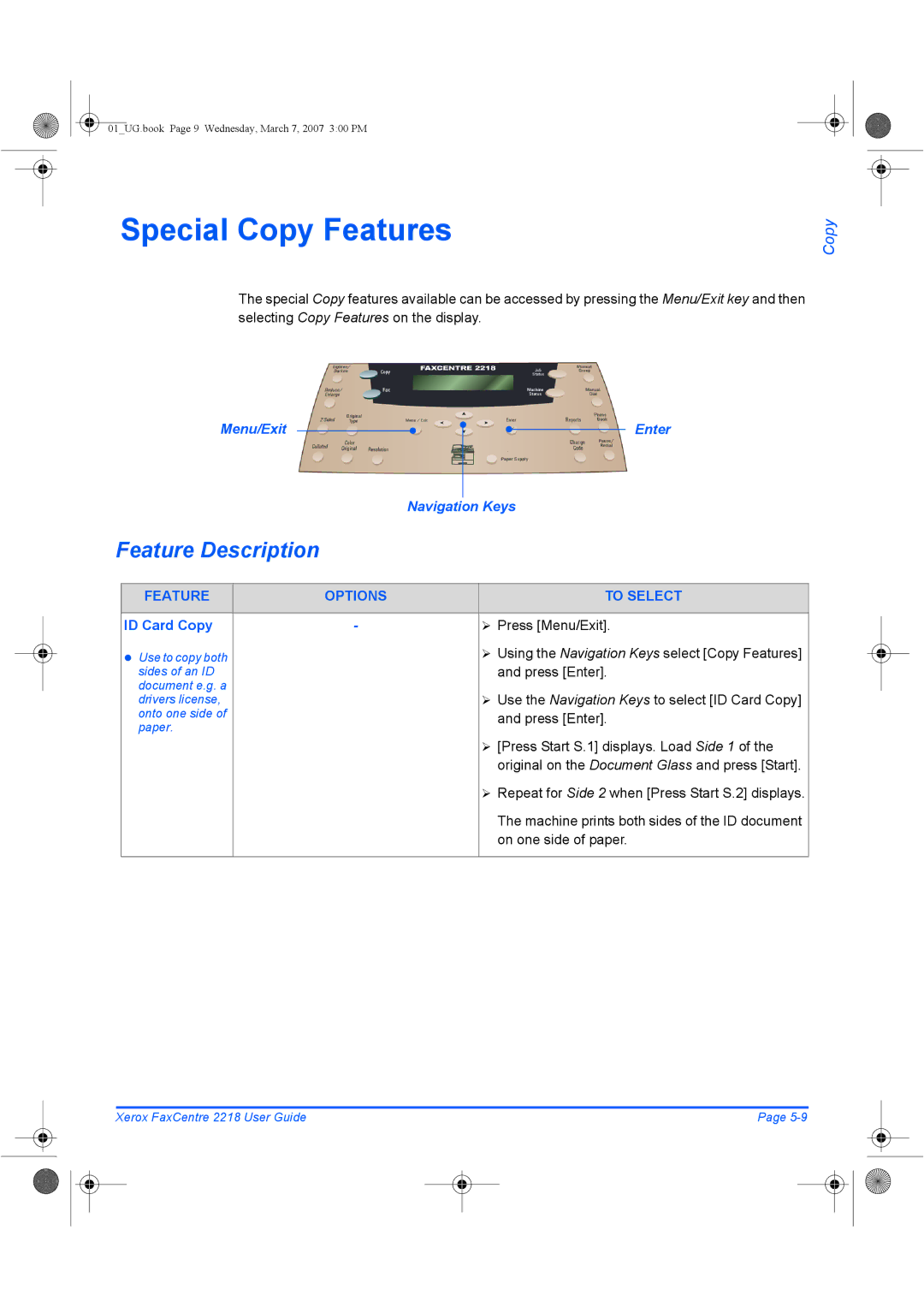 Xerox 2218 manual Special Copy Features, Feature Options To Select, ID Card Copy 