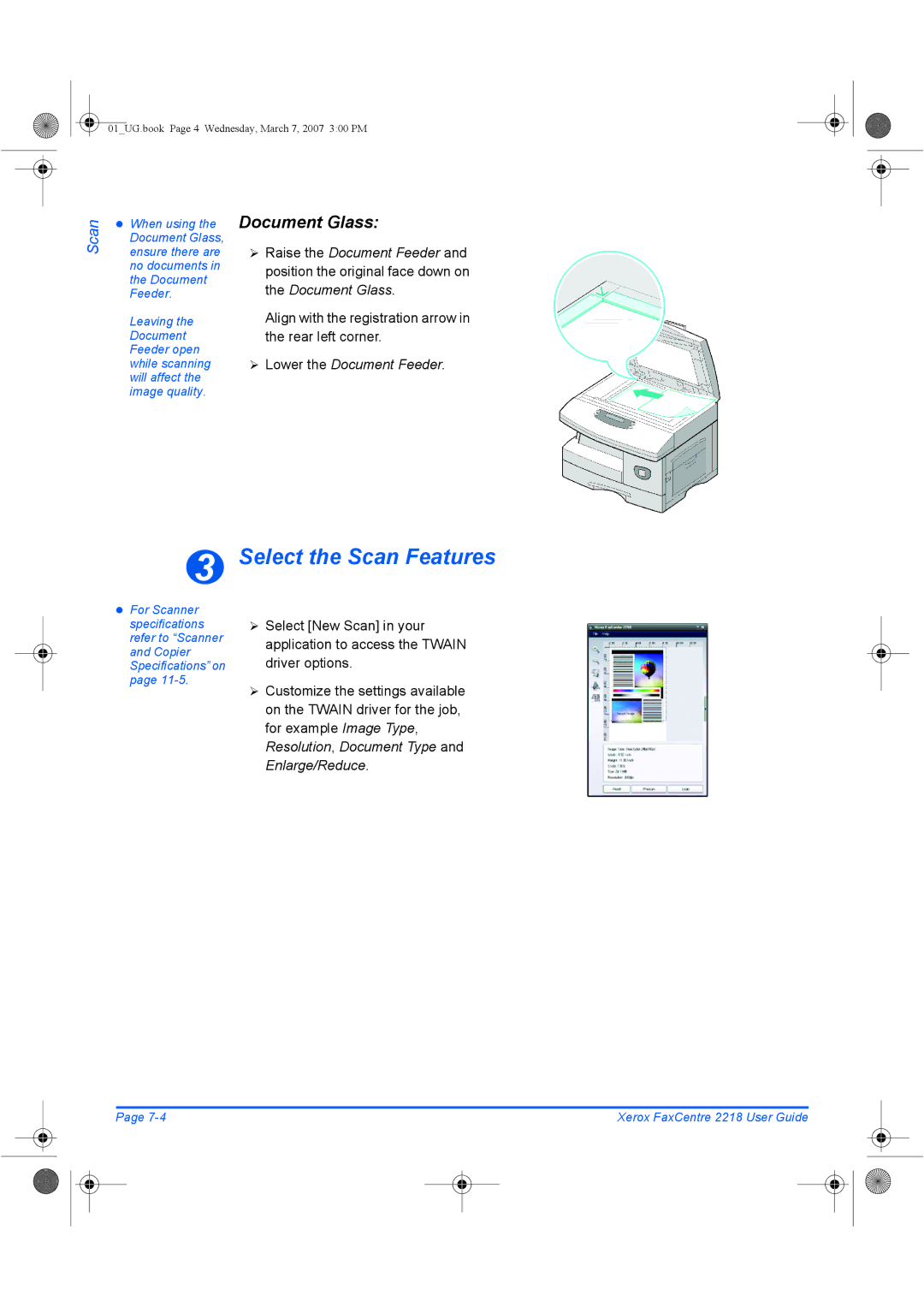 Xerox 2218 manual Select the Scan Features, Document Glass 