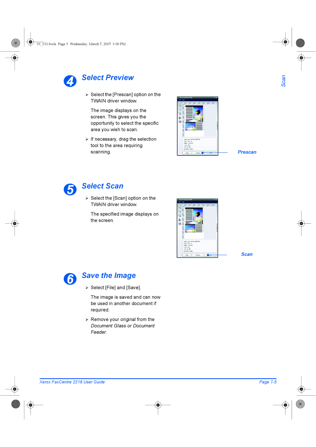 Xerox 2218 manual Select Preview, Select Scan, Save the Image, Prescan Scan 