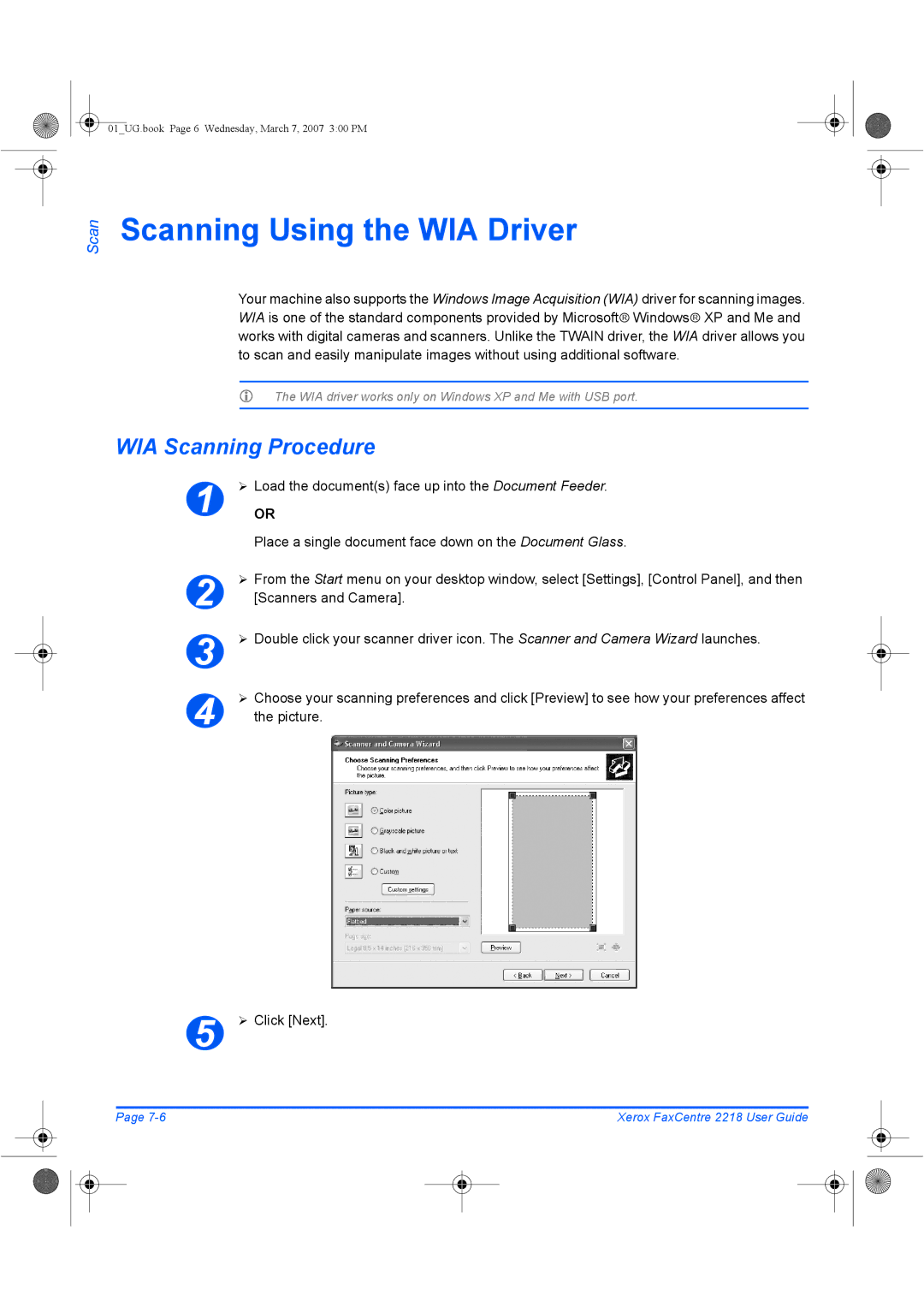 Xerox 2218 manual Scanning Using the WIA Driver, WIA Scanning Procedure 