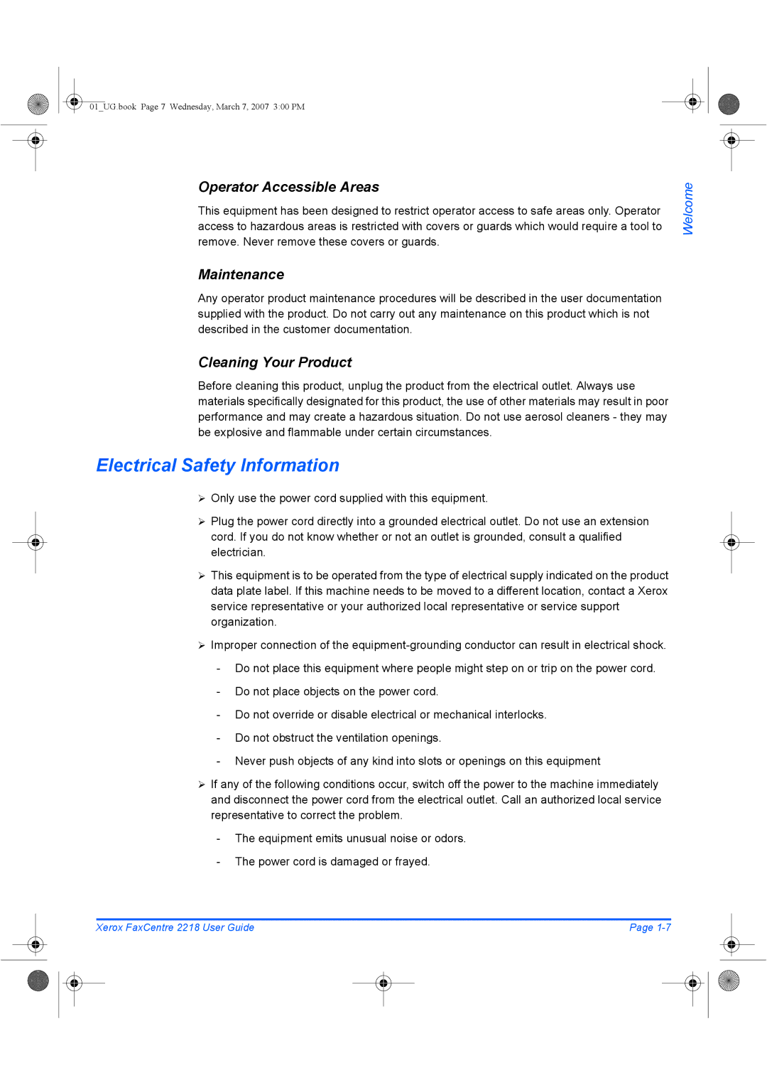 Xerox 2218 manual Electrical Safety Information, Operator Accessible Areas, Maintenance, Cleaning Your Product 