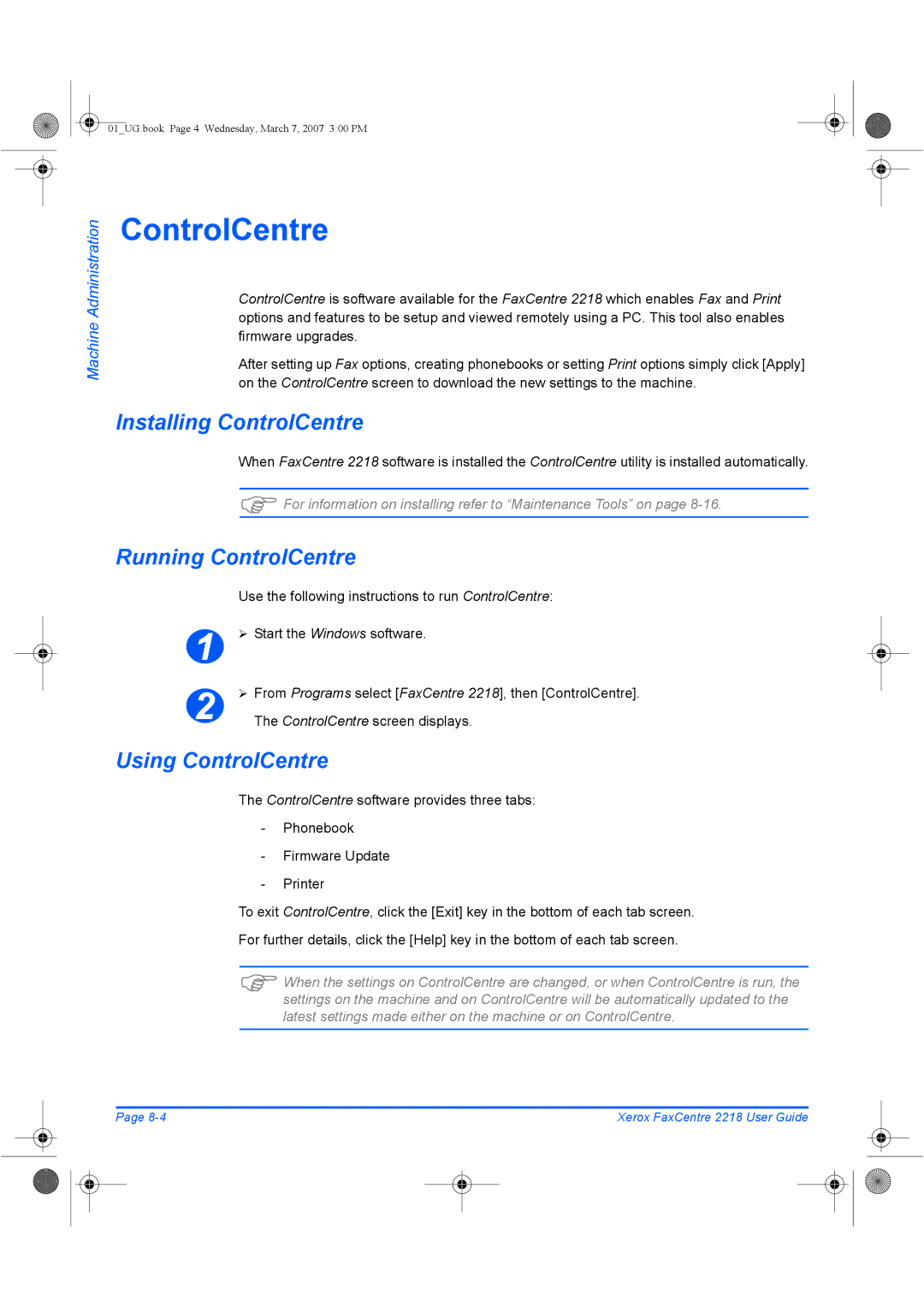 Xerox 2218 manual Installing ControlCentre, Running ControlCentre, Using ControlCentre, ControlCentre screen displays 