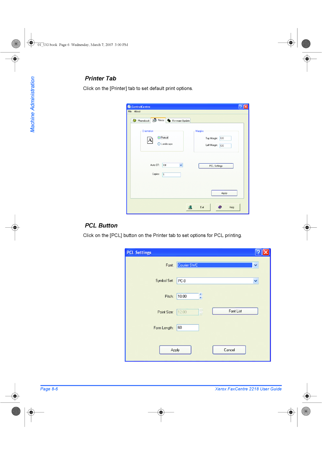 Xerox 2218 manual Printer Tab, PCL Button, Click on the Printer tab to set default print options 