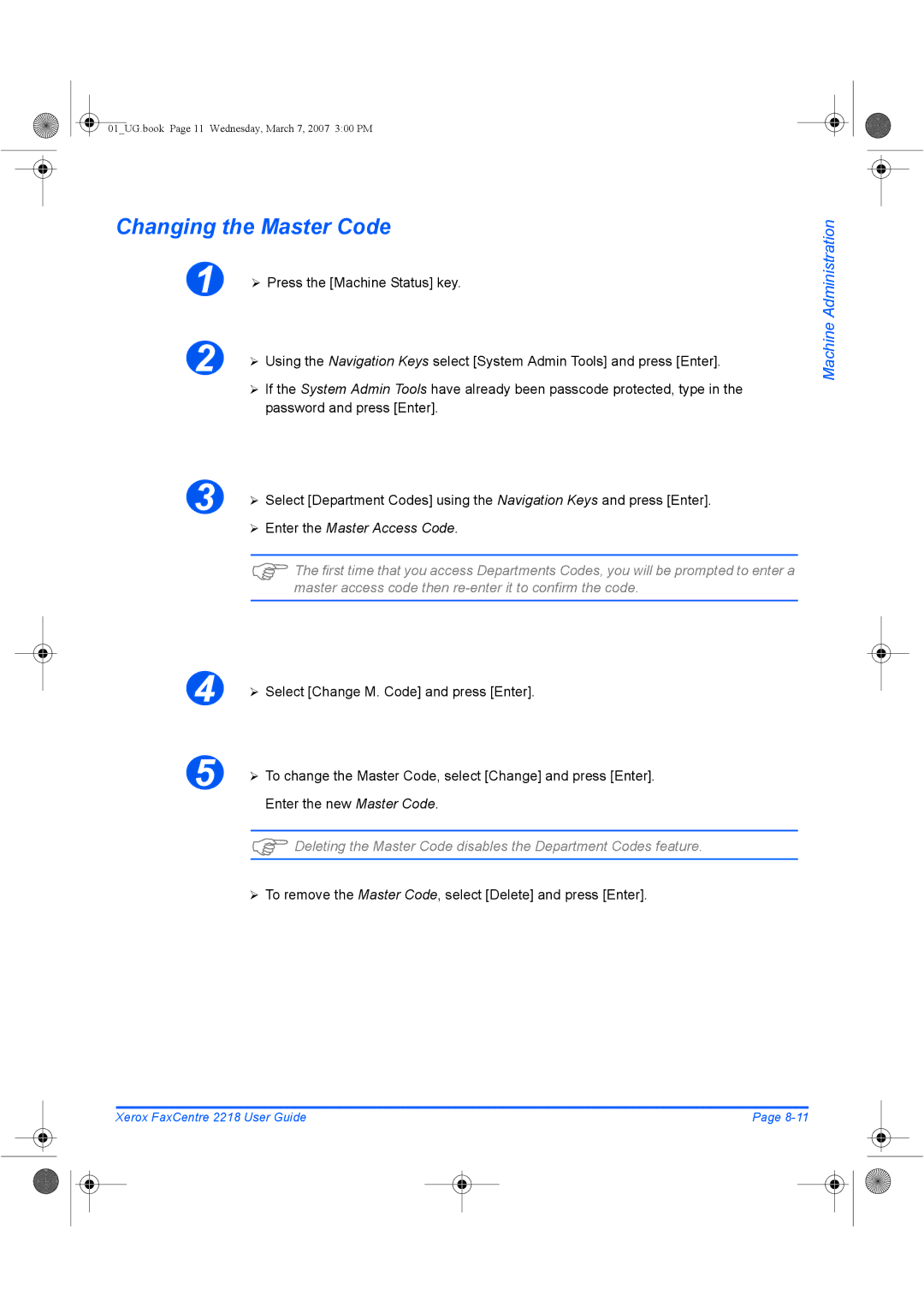 Xerox 2218 manual Changing the Master Code, ¾ To remove the Master Code, select Delete and press Enter 