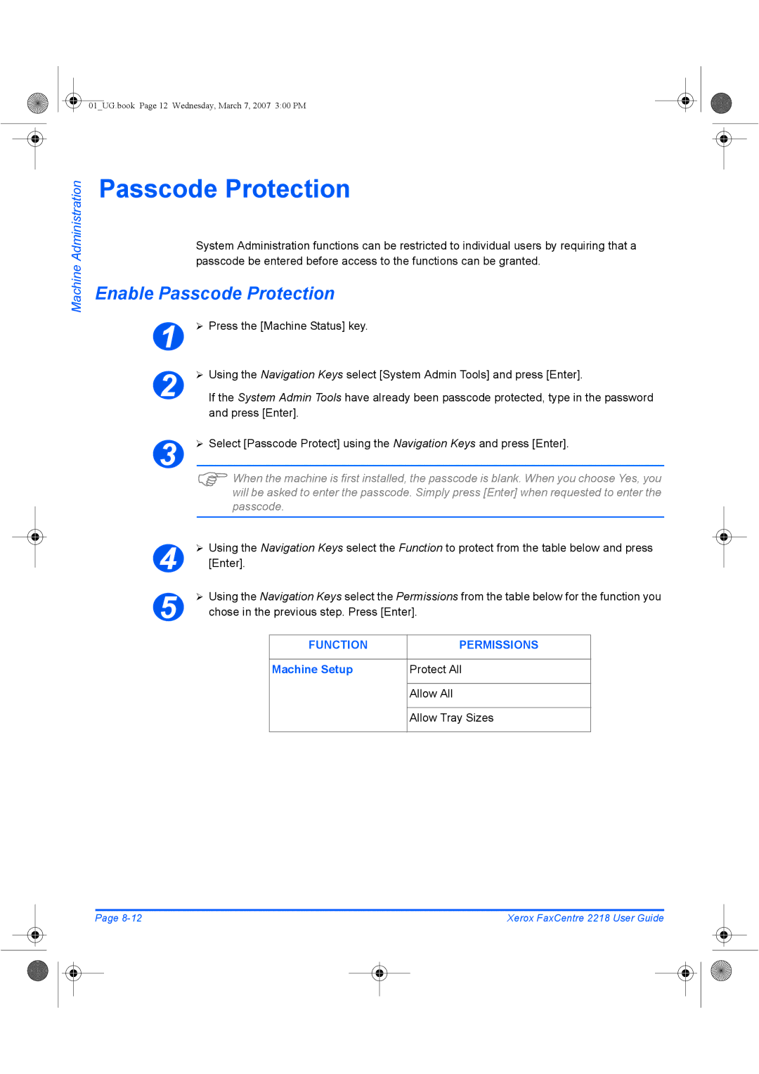 Xerox 2218 Enable Passcode Protection, Function Permissions, Machine Setup Protect All Allow All Allow Tray Sizes 