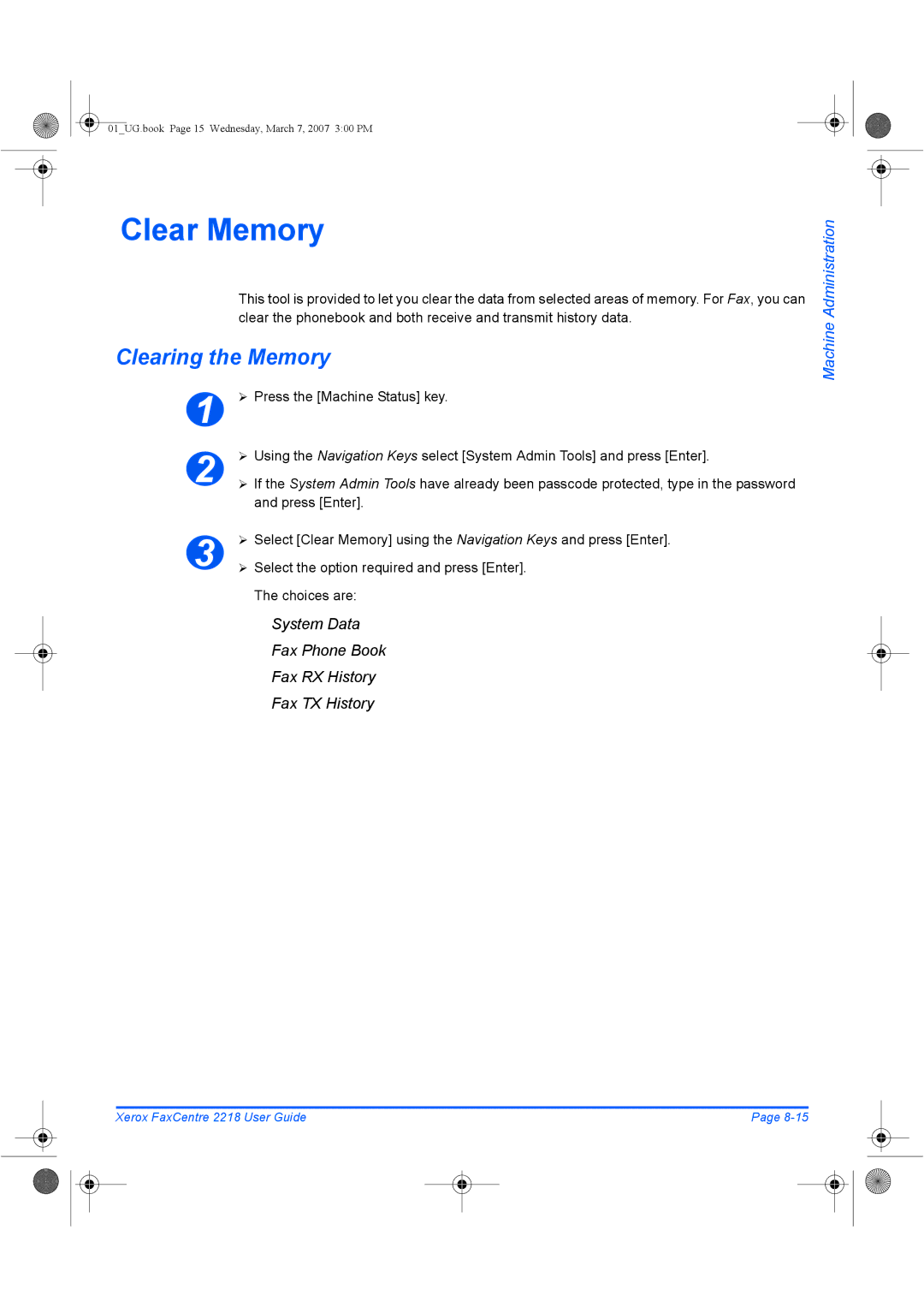 Xerox 2218 manual Clear Memory, Clearing the Memory, ¾ Select the option required and press Enter 