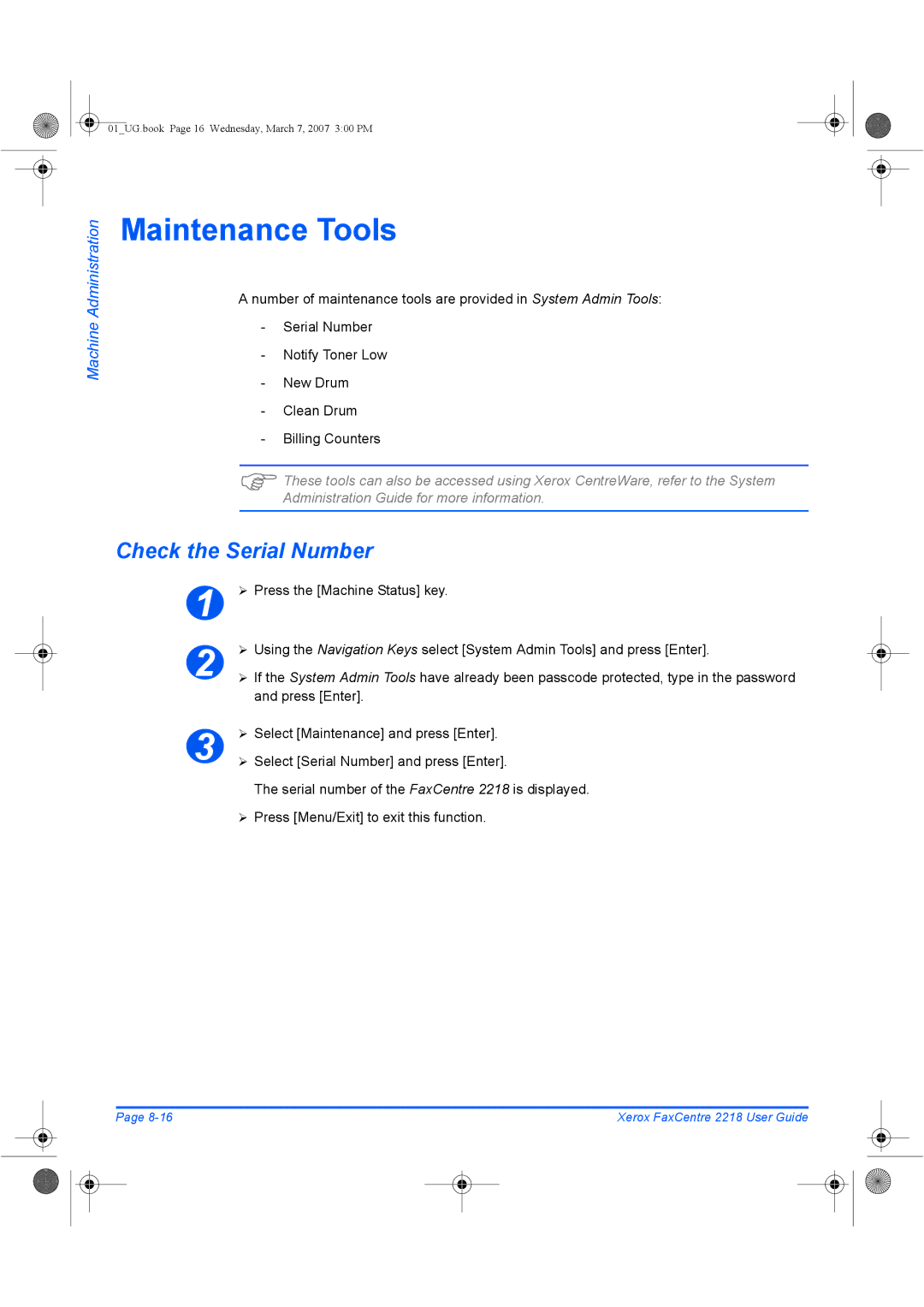 Xerox 2218 manual Maintenance Tools, Check the Serial Number, ¾ Select Maintenance and press Enter 