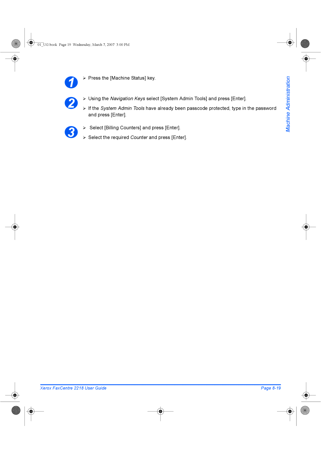 Xerox 2218 manual ¾ Select Billing Counters and press Enter, ¾ Select the required Counter and press Enter 