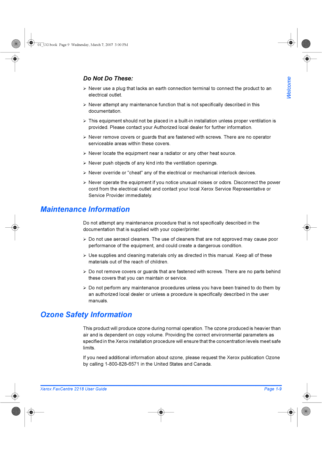 Xerox 2218 manual Maintenance Information, Ozone Safety Information, Do Not Do These 