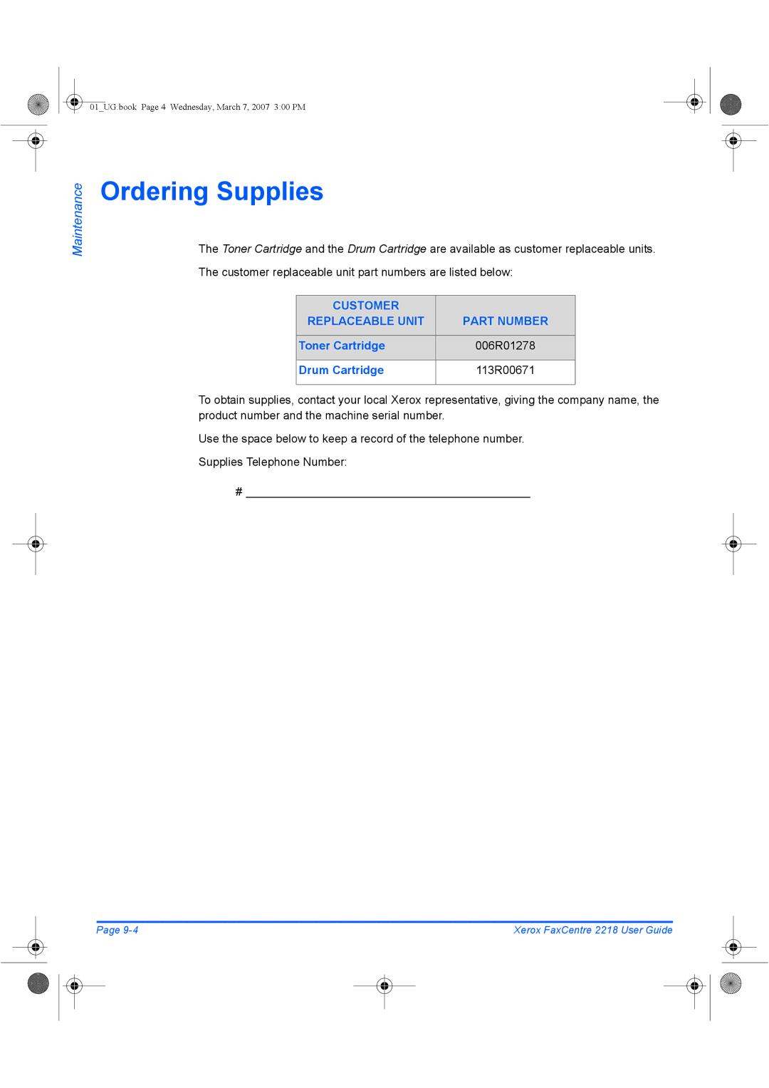 Xerox 2218 manual Ordering Supplies, Customer Replaceable Unit Part Number, Toner Cartridge, Drum Cartridge 