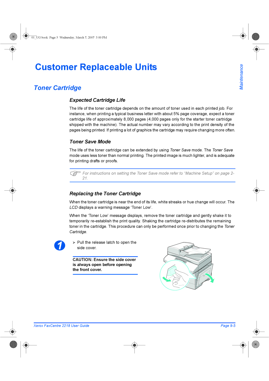 Xerox 2218 manual Customer Replaceable Units, Toner Cartridge, Expected Cartridge Life, Toner Save Mode 