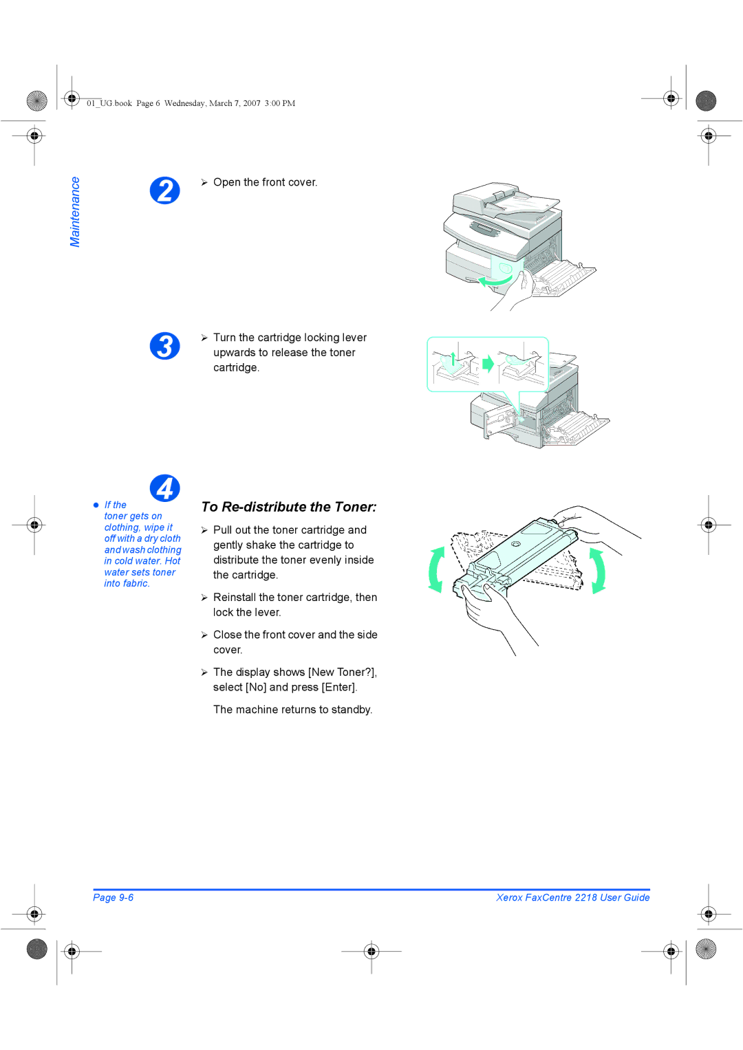 Xerox 2218 manual To Re-distribute the Toner, Machine returns to standby 