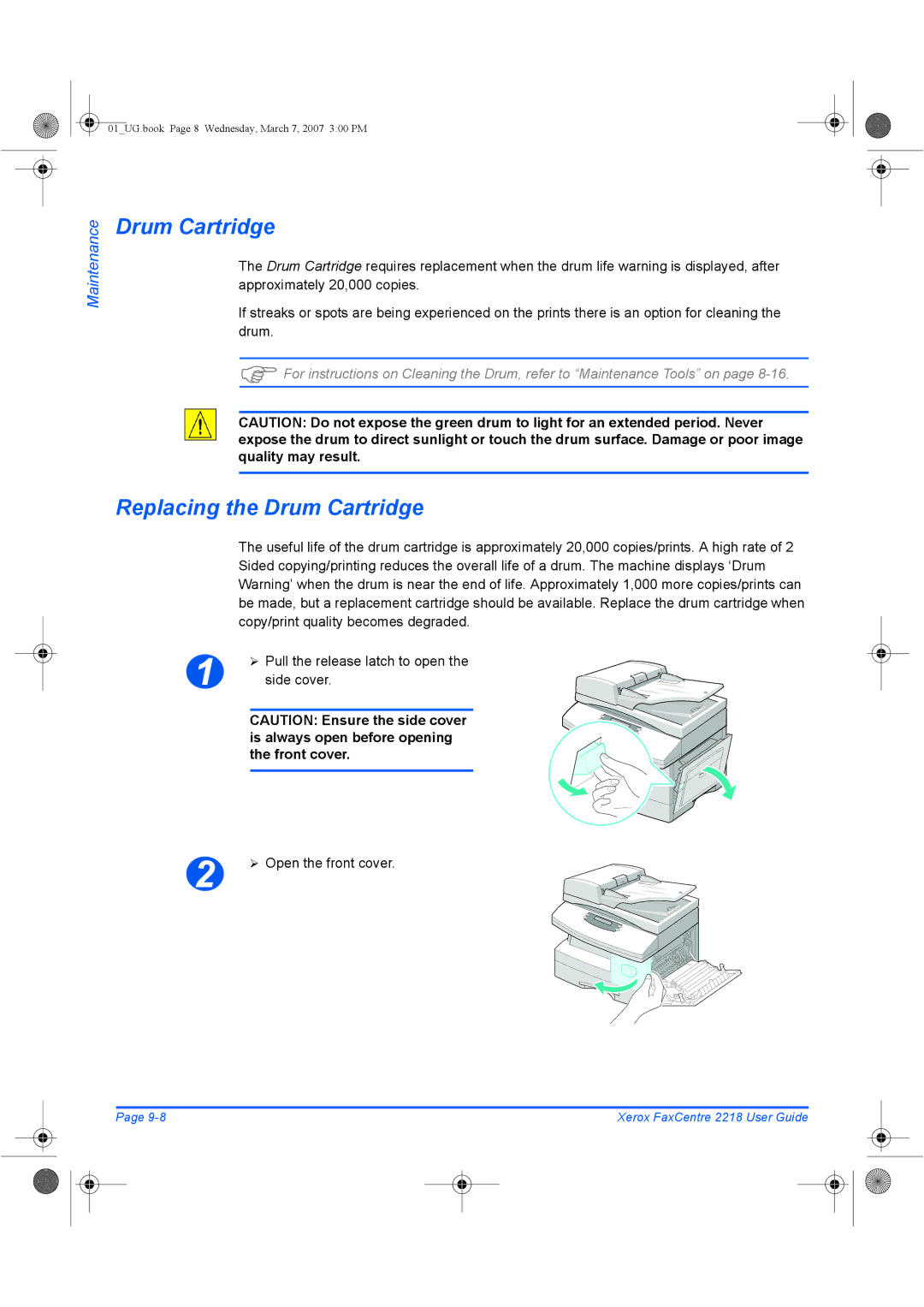 Xerox 2218 manual Replacing the Drum Cartridge 