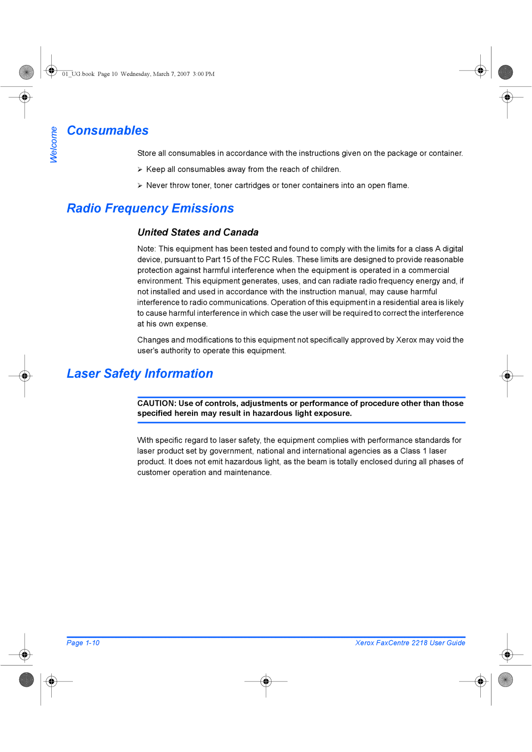 Xerox 2218 manual Consumables, Radio Frequency Emissions, Laser Safety Information, United States and Canada 