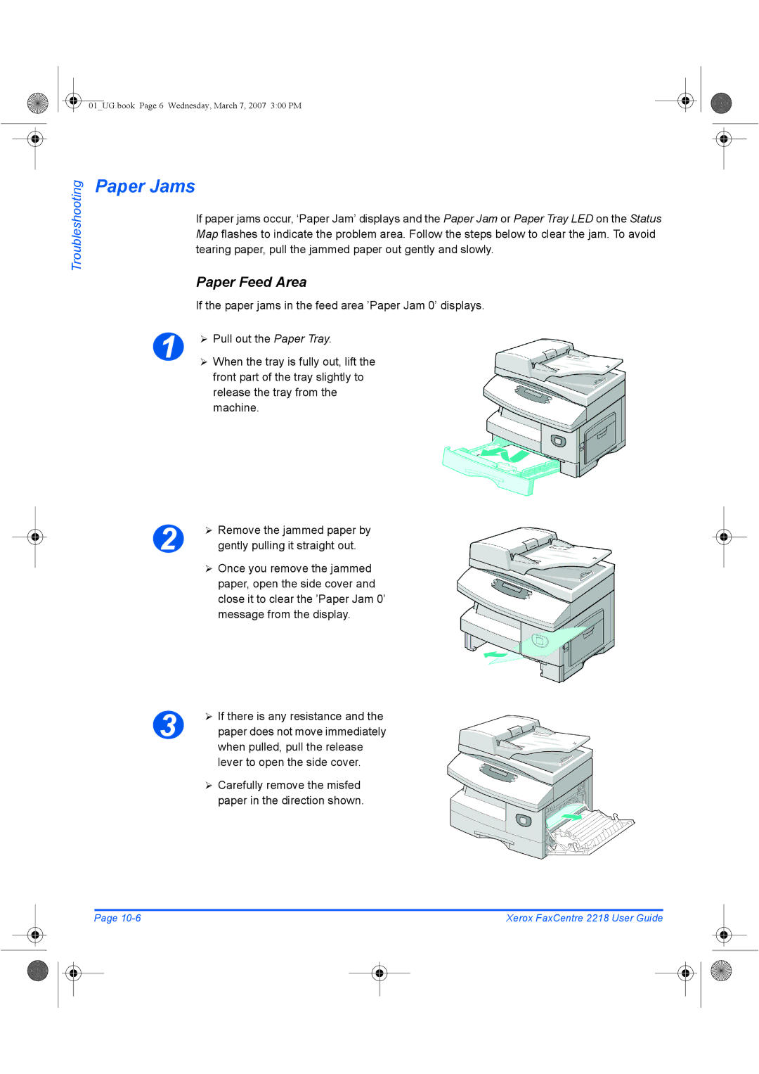 Xerox 2218 manual Paper Jams, Paper Feed Area, When pulled, pull the release, Lever to open the side cover 