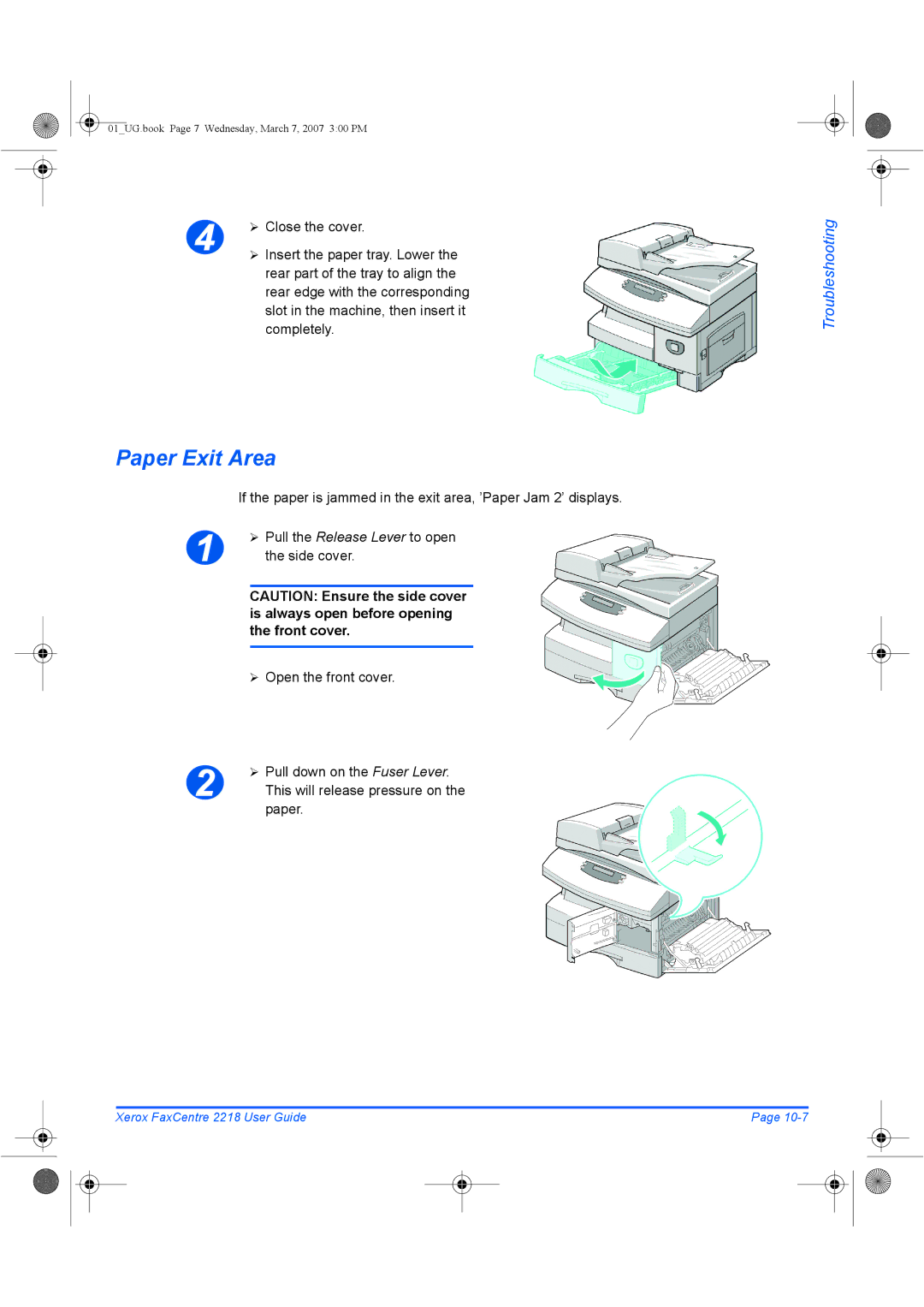 Xerox 2218 manual Paper Exit Area, Close the cover, ¾ Open the front cover ¾ Pull down on the Fuser Lever 