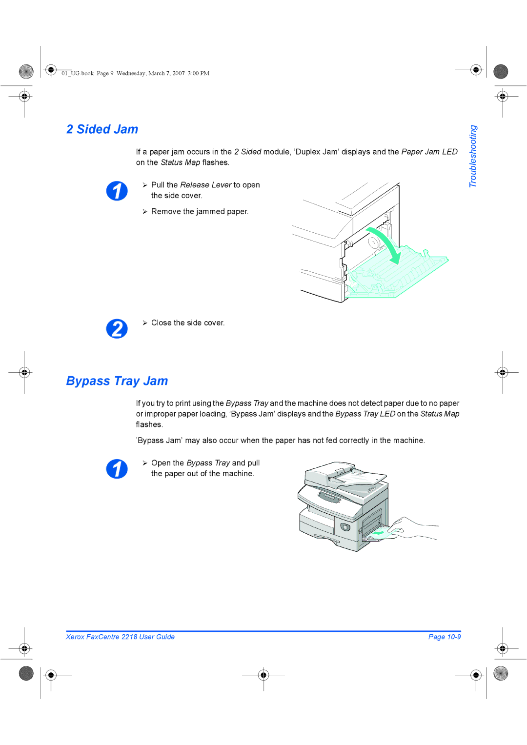 Xerox 2218 manual Sided Jam, Bypass Tray Jam, ¾ Remove the jammed paper, Paper out of the machine 