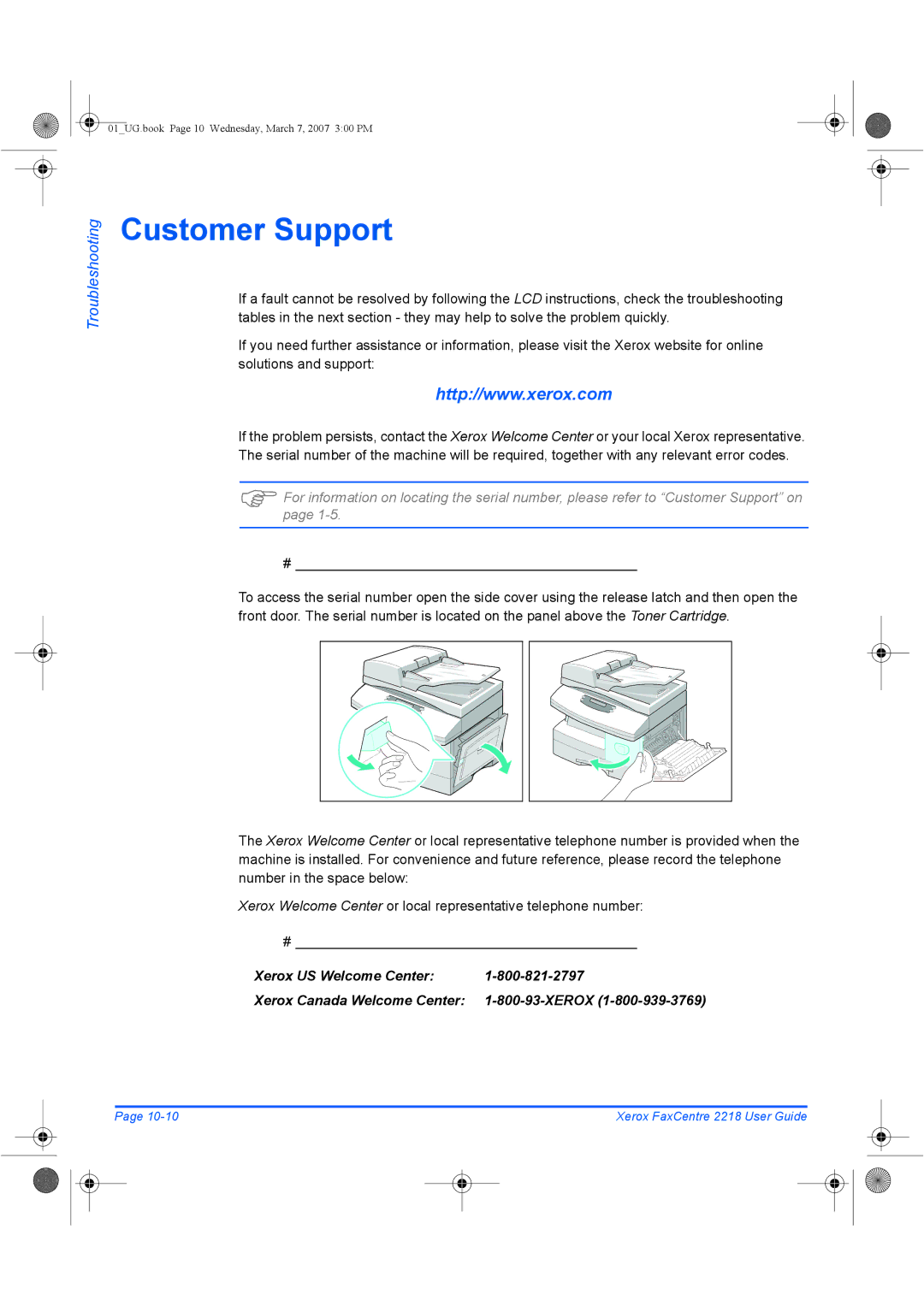 Xerox 2218 manual Customer Support 