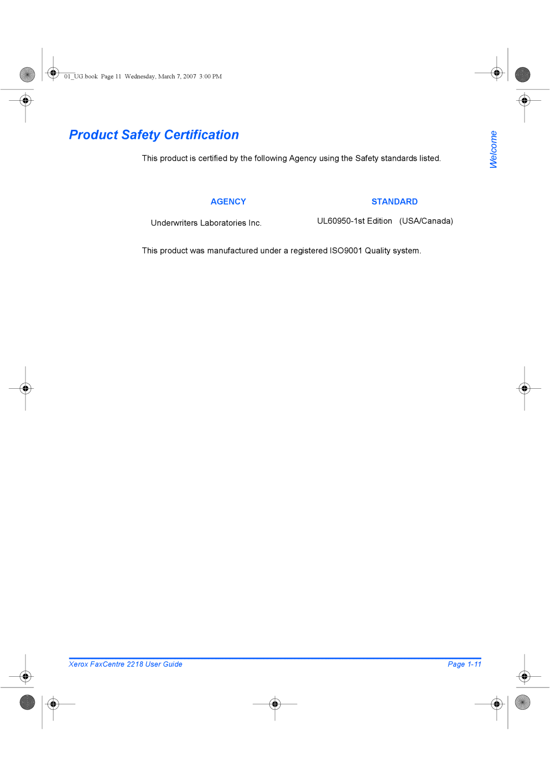 Xerox 2218 manual Product Safety Certification, Agency Standard 