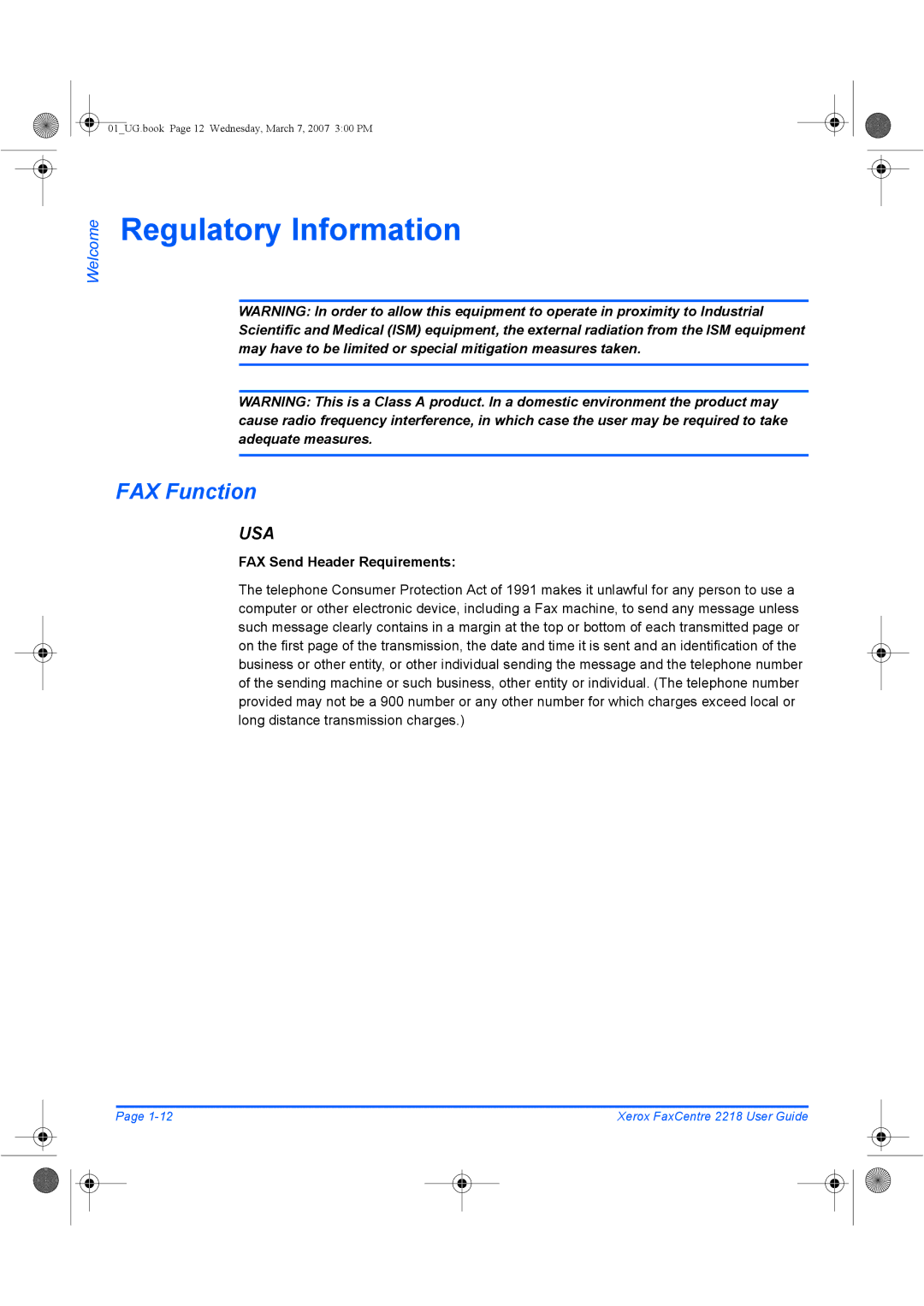 Xerox 2218 manual Regulatory Information, FAX Function 