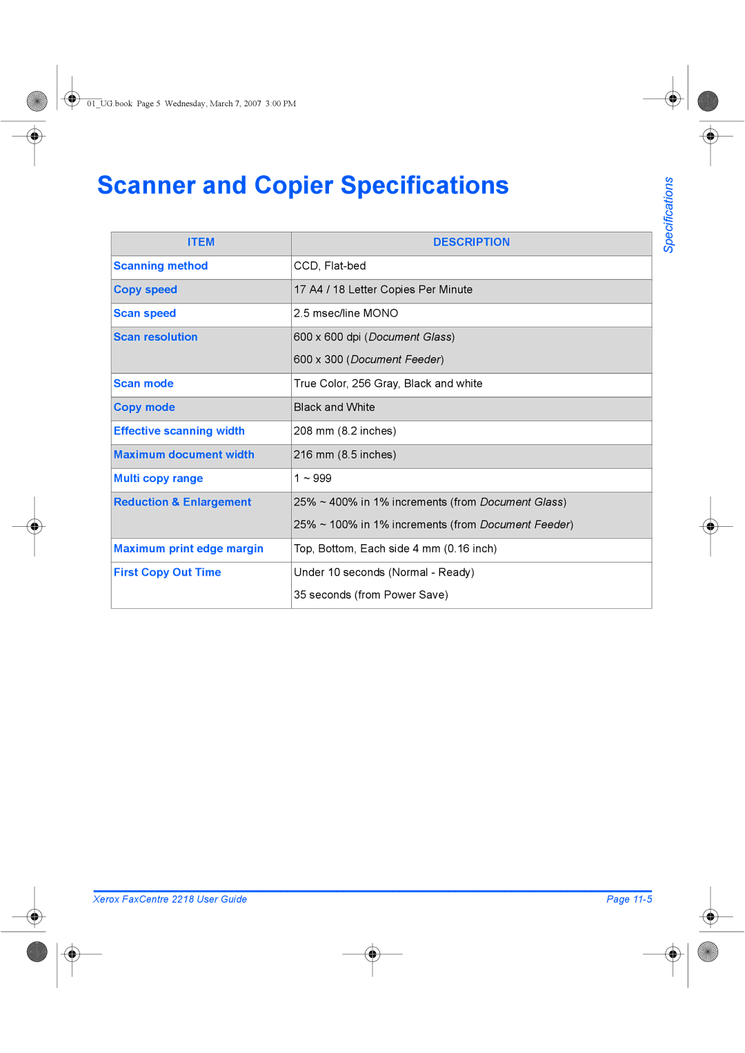 Xerox 2218 manual Scanner and Copier Specifications 