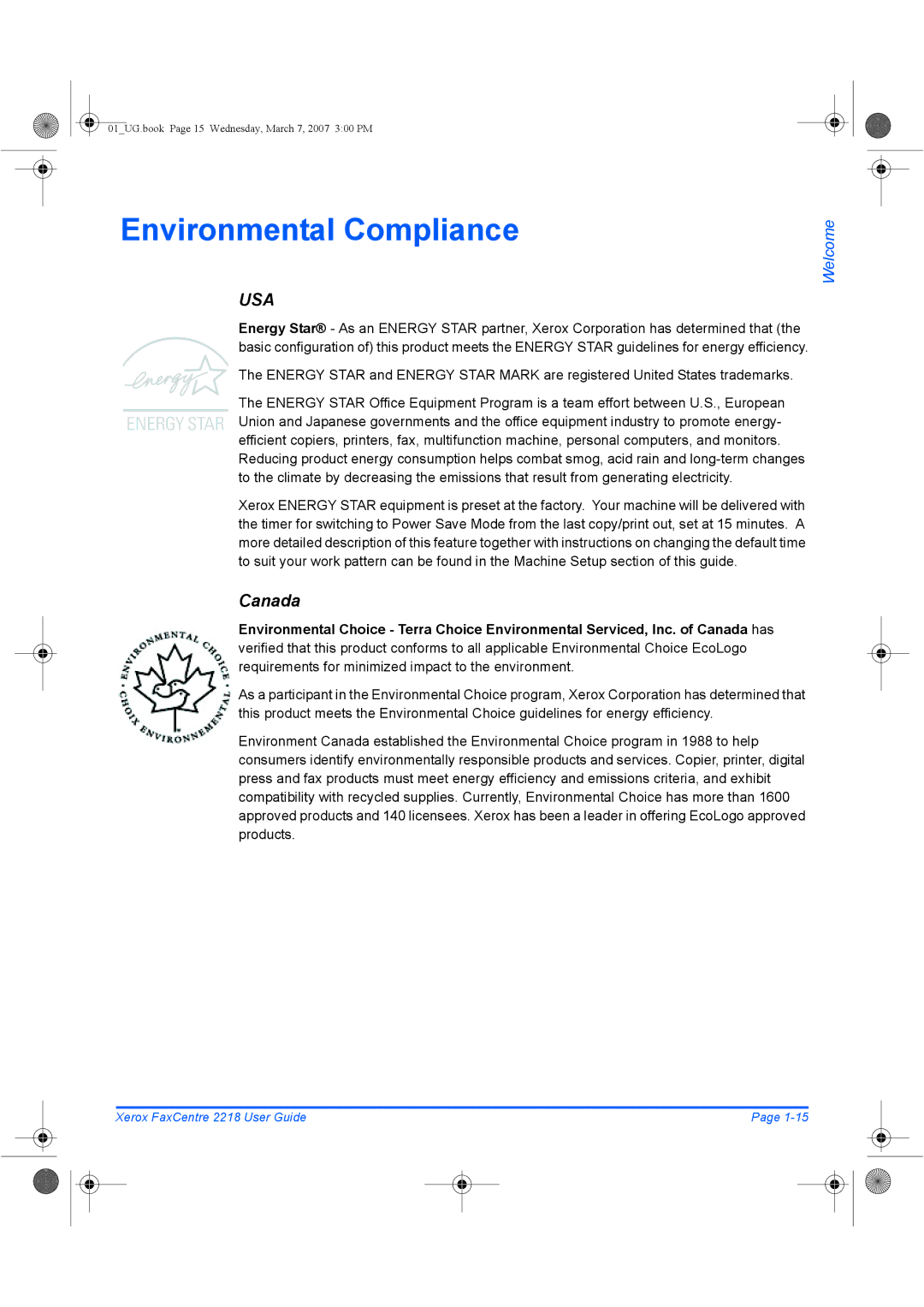 Xerox 2218 manual Environmental Compliance, Canada 