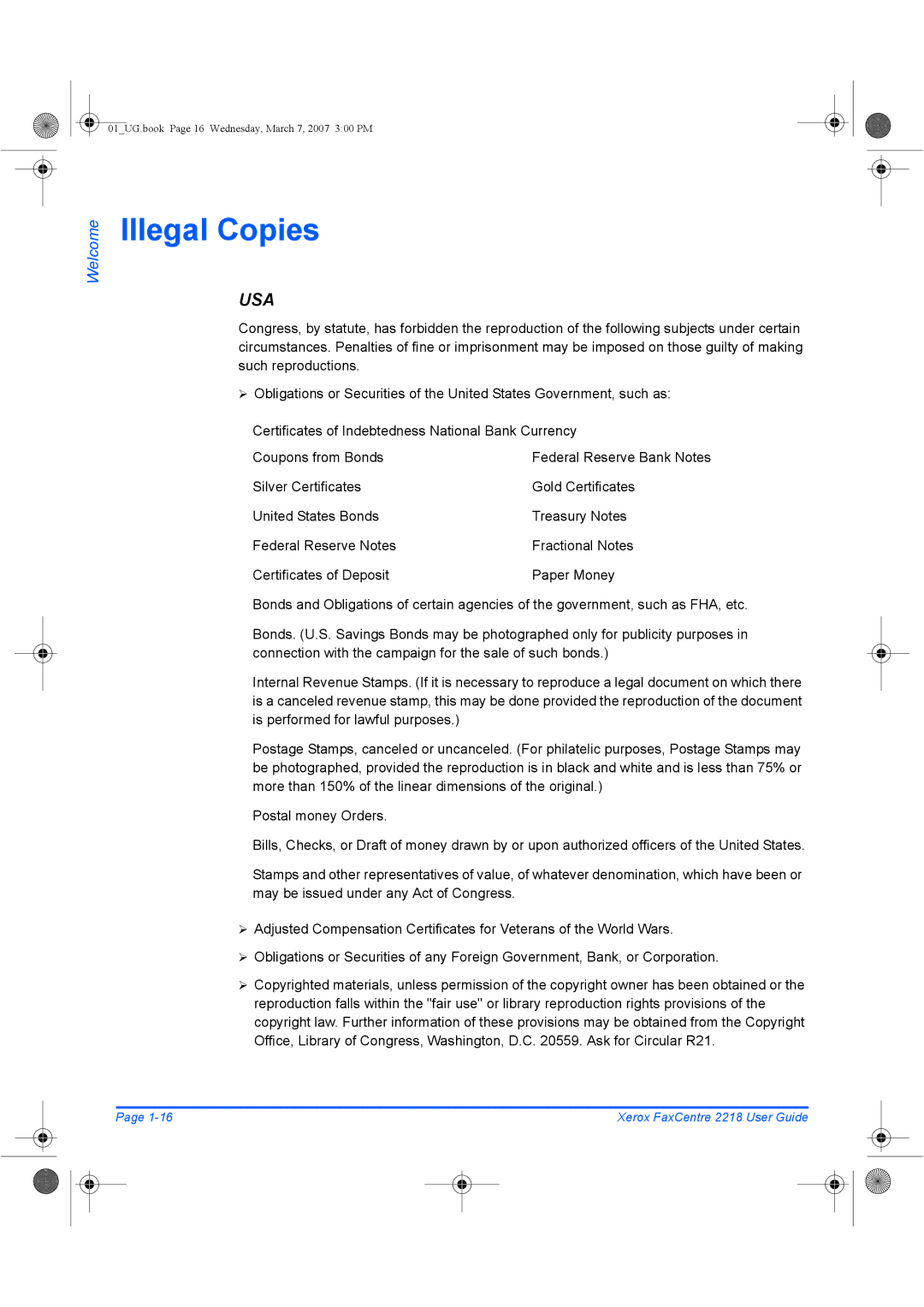 Xerox 2218 manual Illegal Copies 