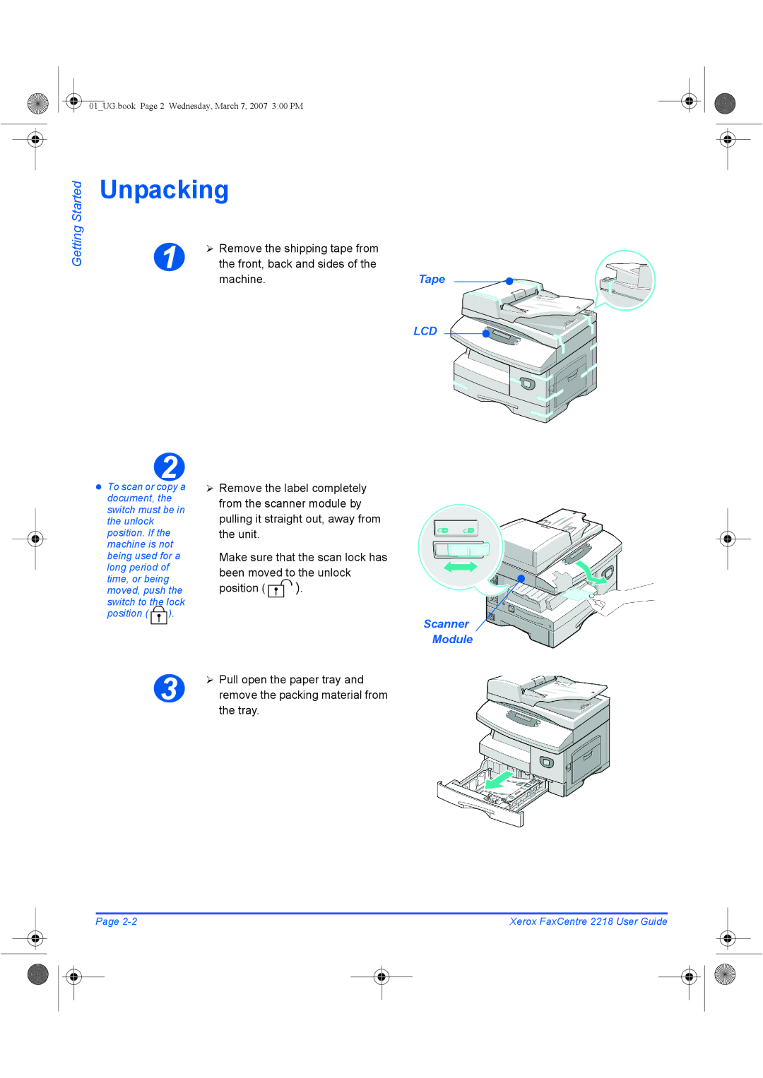 Xerox 2218 manual Unpacking, Tape, Scanner Module 