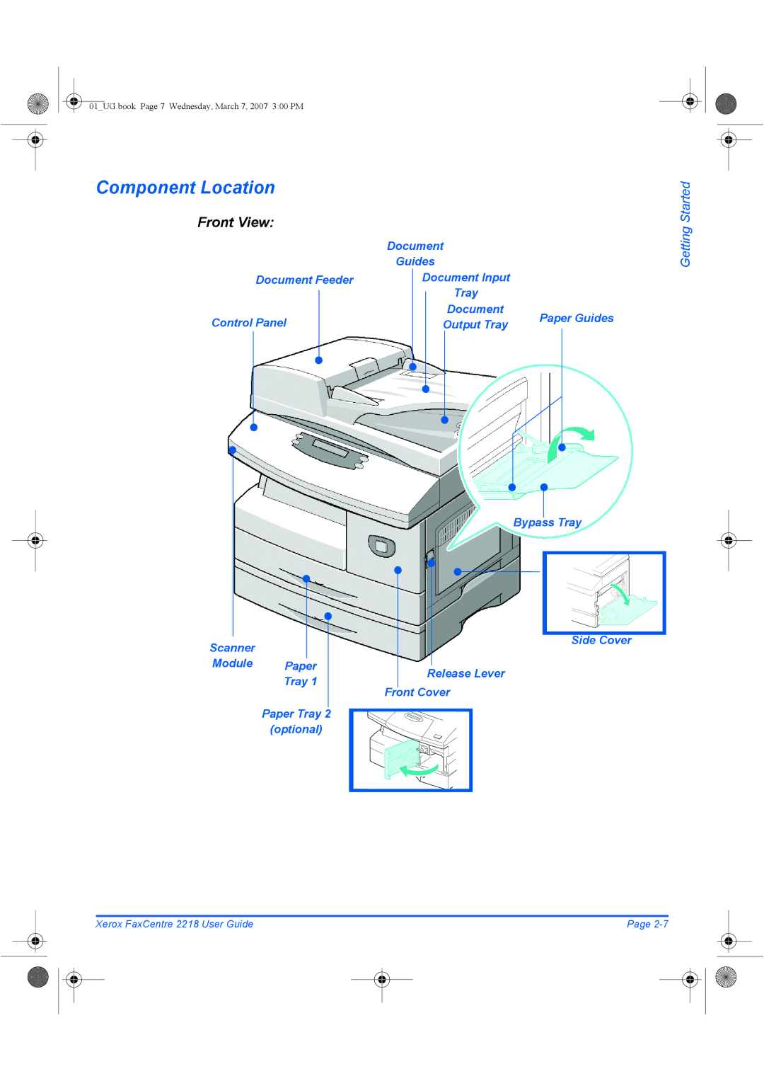 Xerox 2218 manual Component Location, Side Cover, Module Paper Release Lever Tray Front Cover, Optional 