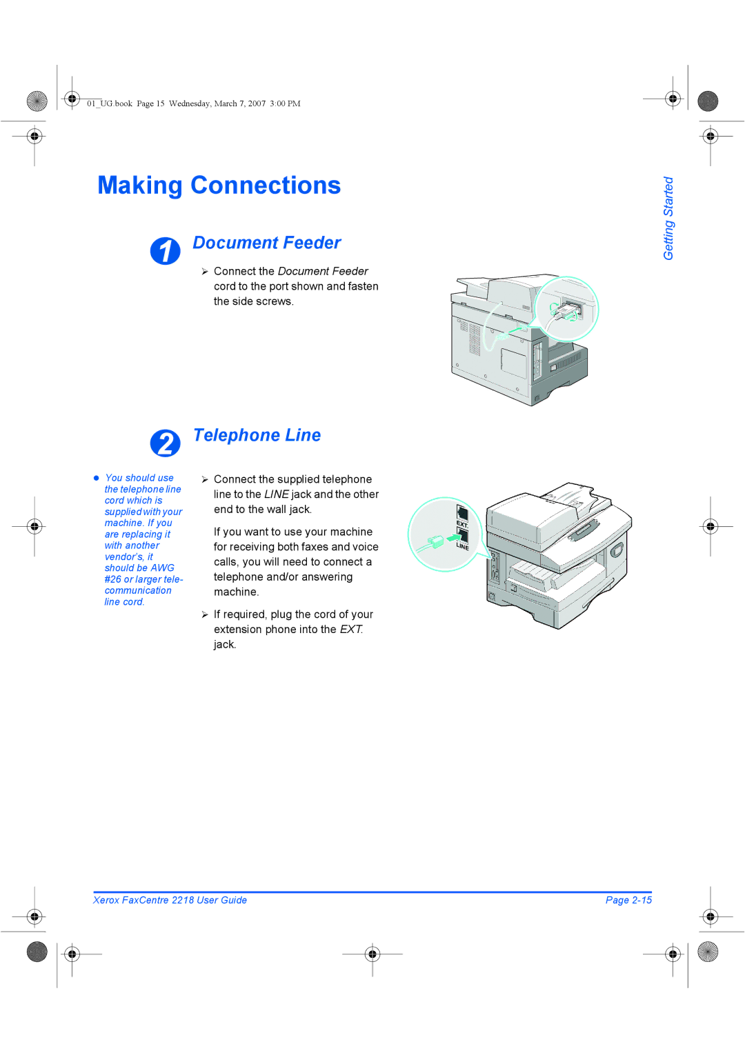 Xerox 2218 manual Making Connections, Document Feeder, Telephone Line 