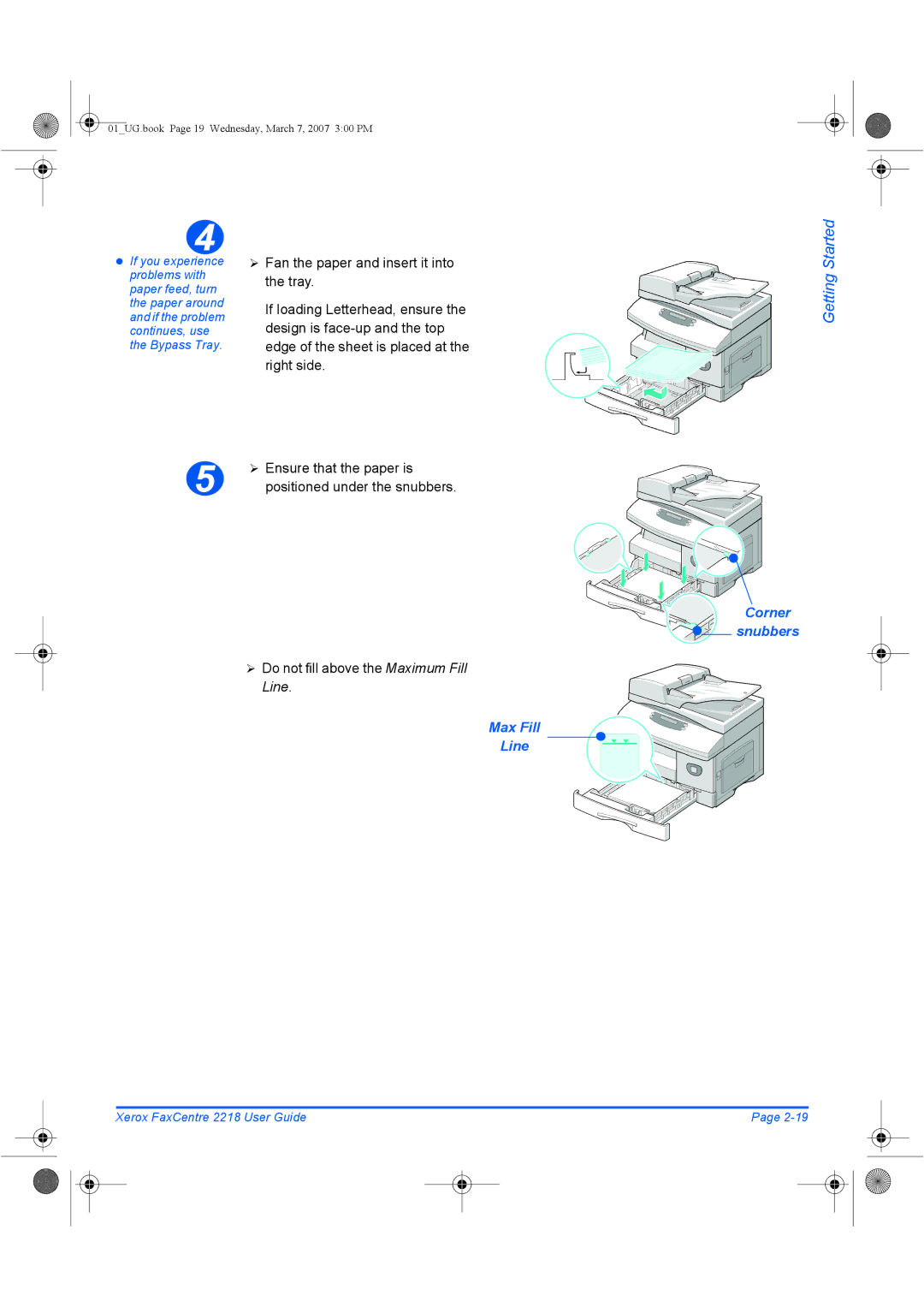 Xerox 2218 manual ¾ Do not fill above the Maximum Fill Line, Max Fill Line, Corner Snubbers 