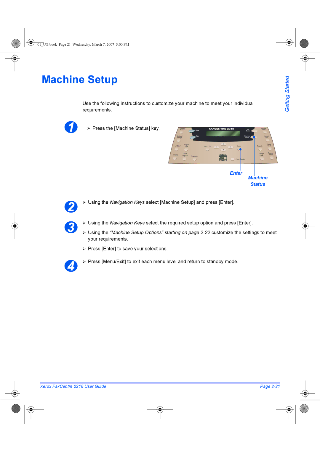 Xerox 2218 manual Machine Setup, Status 