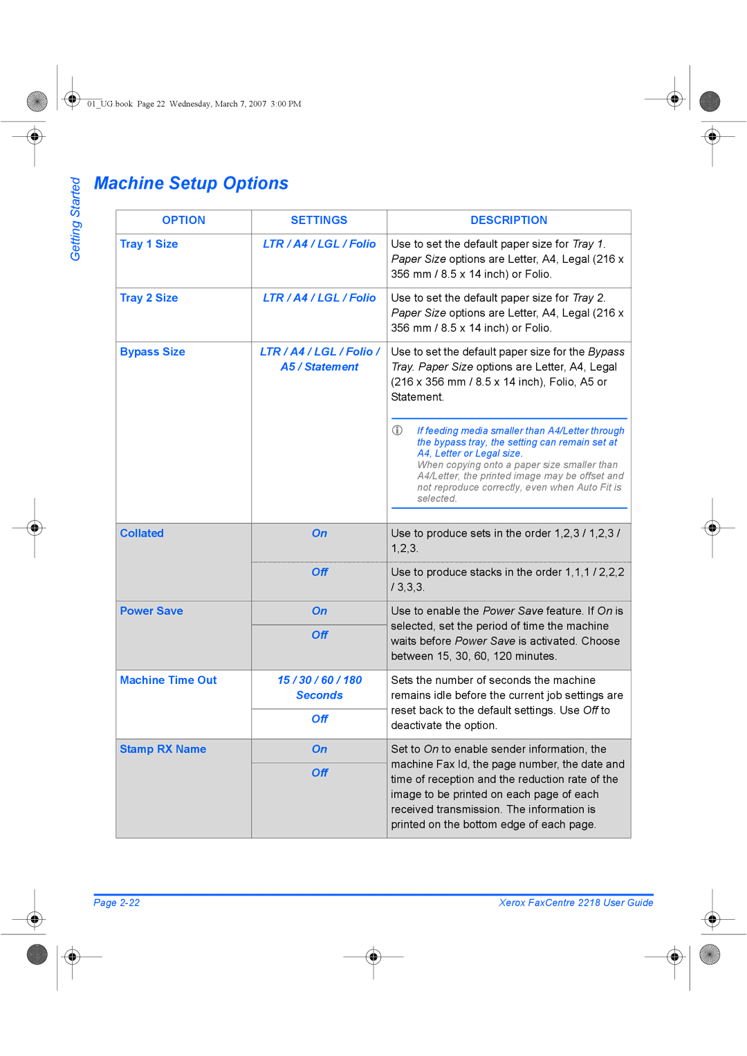 Xerox 2218 manual Machine Setup Options, LTR / A4 / LGL / Folio, Off, 15 / 30 / 60, Seconds 