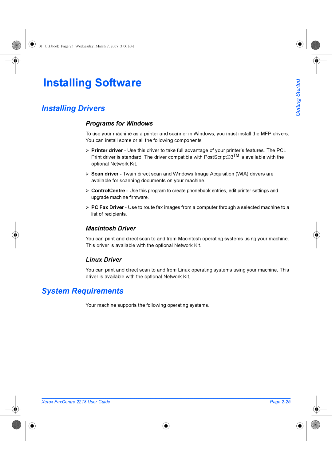 Xerox 2218 manual Installing Software, Installing Drivers, System Requirements 