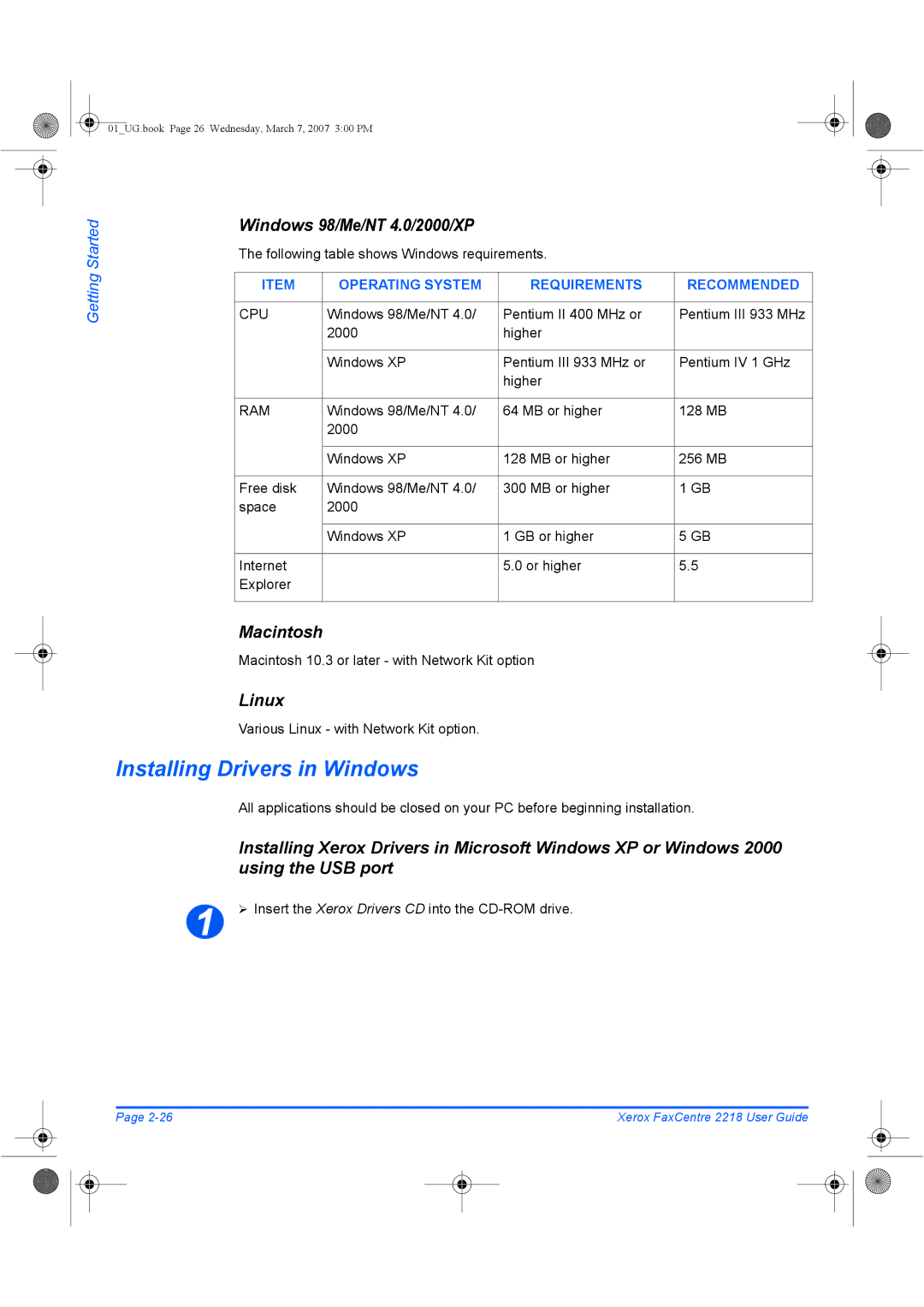 Xerox 2218 manual Installing Drivers in Windows, Windows 98/Me/NT 4.0/2000/XP, Macintosh, Linux 