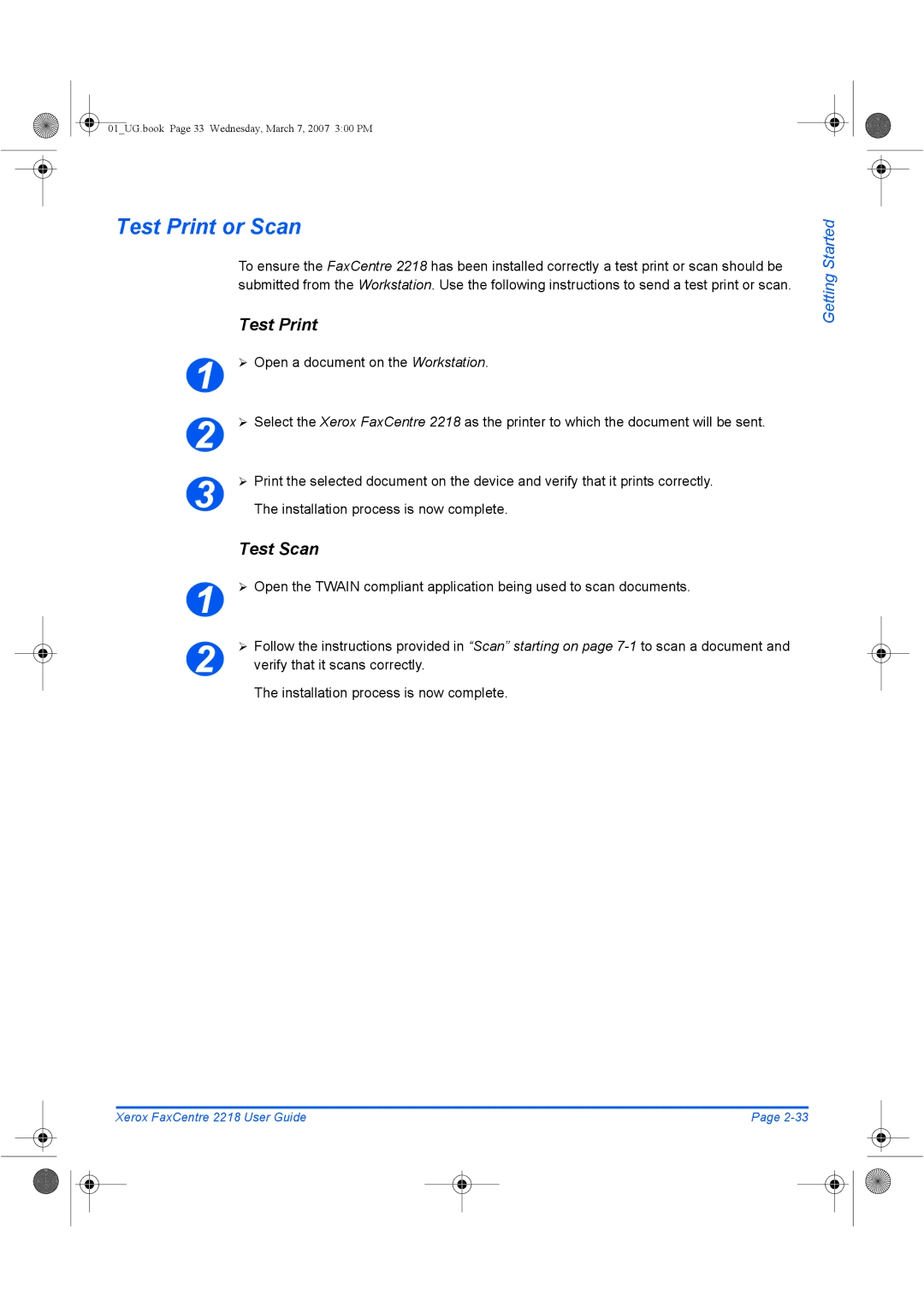 Xerox 2218 manual Test Print or Scan, Test Scan, ¾ Open a document on the Workstation, Installation process is now complete 