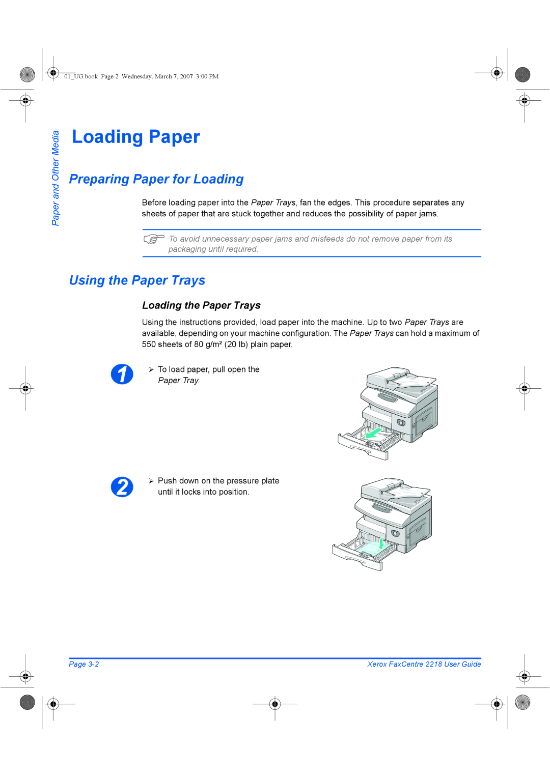 Xerox 2218 manual Preparing Paper for Loading, Using the Paper Trays, Loading the Paper Trays, Until it locks into position 