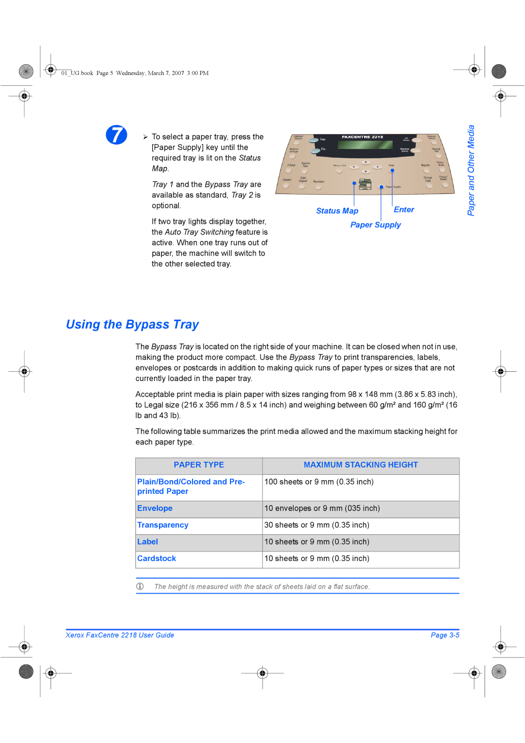 Xerox 2218 manual Using the Bypass Tray, Paper Supply key until, Required tray is lit on the Status Map 