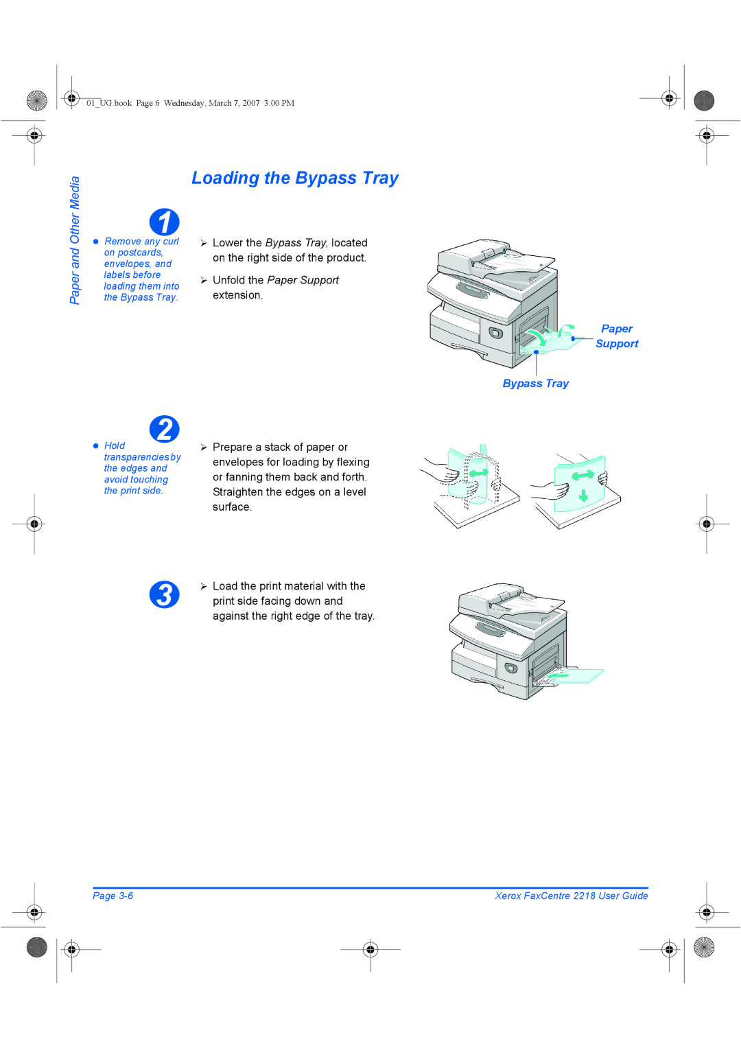 Xerox 2218 manual Loading the Bypass Tray, Paper Support Bypass Tray 