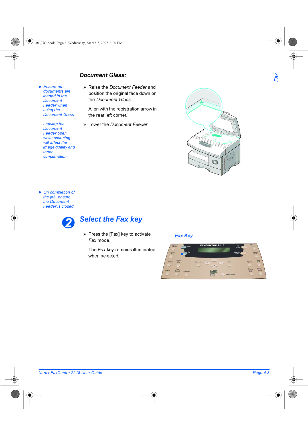 Xerox 2218 manual Select the Fax key, Document Glass, Align with the registration arrow in the rear left corner 