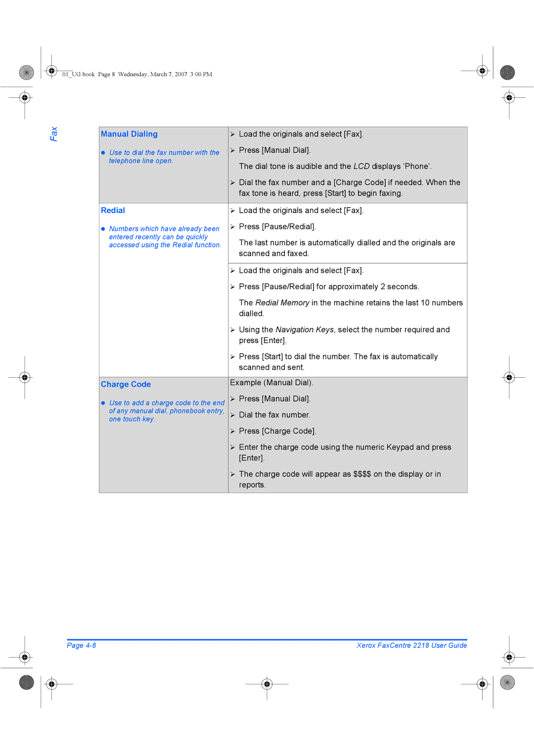 Xerox 2218 manual Manual Dialing, Redial, Charge Code 