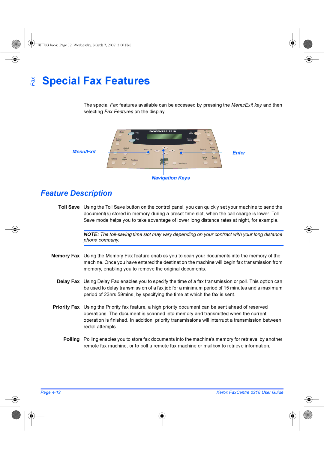 Xerox 2218 manual Special Fax Features, Menu/Exit Enter Navigation Keys 