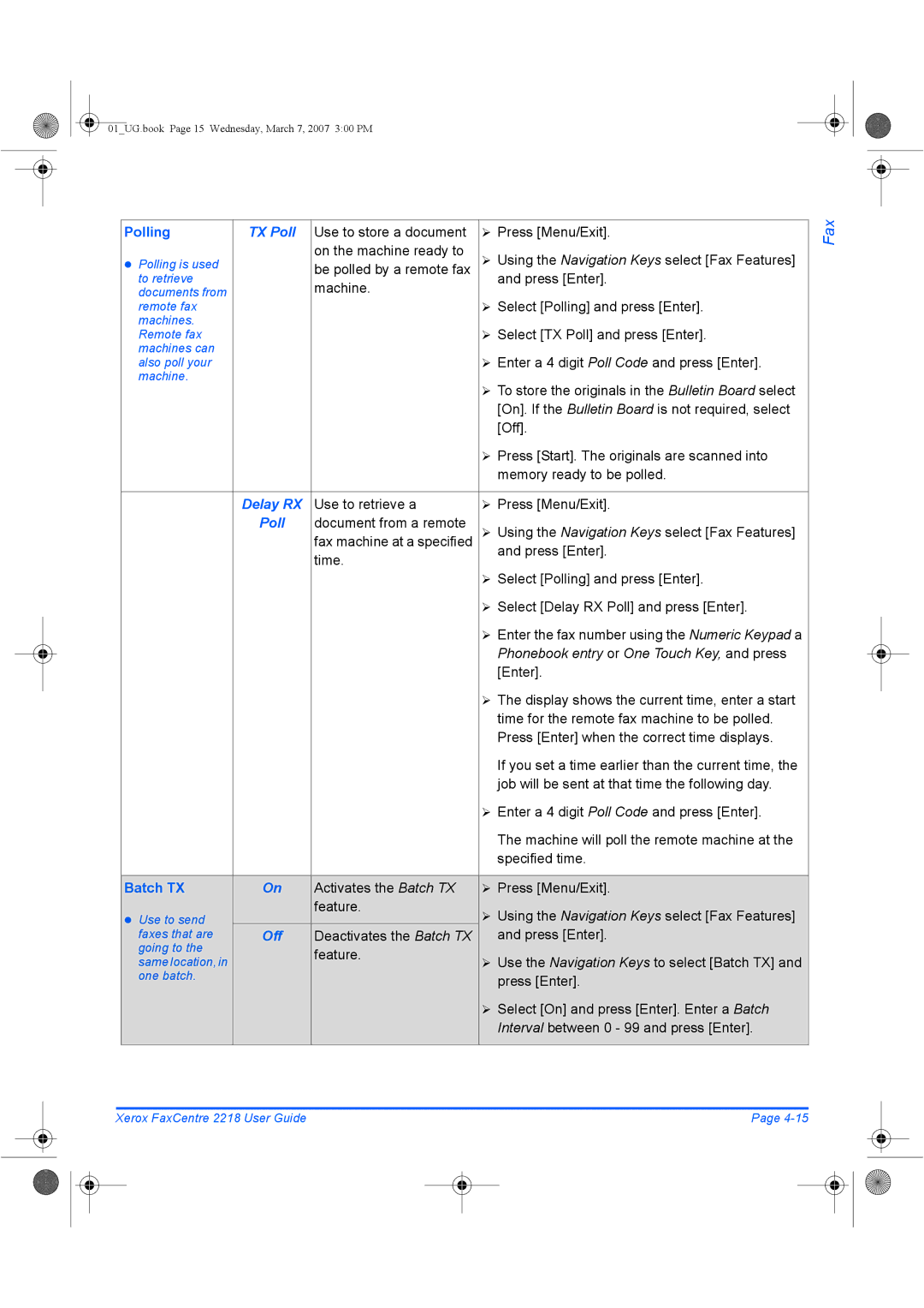 Xerox 2218 manual Polling, TX Poll, Batch TX 