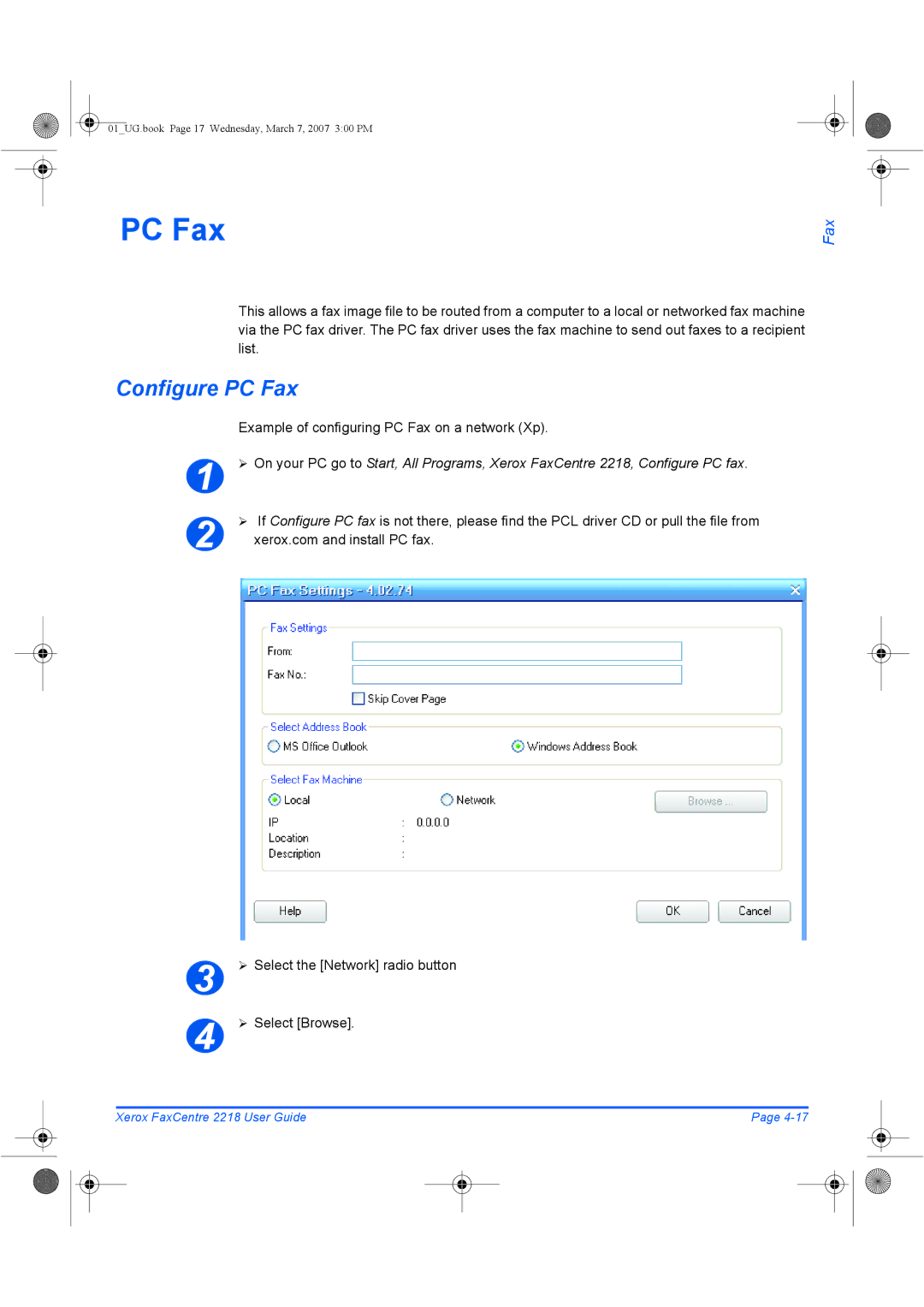 Xerox 2218 manual Configure PC Fax, Example of configuring PC Fax on a network Xp 