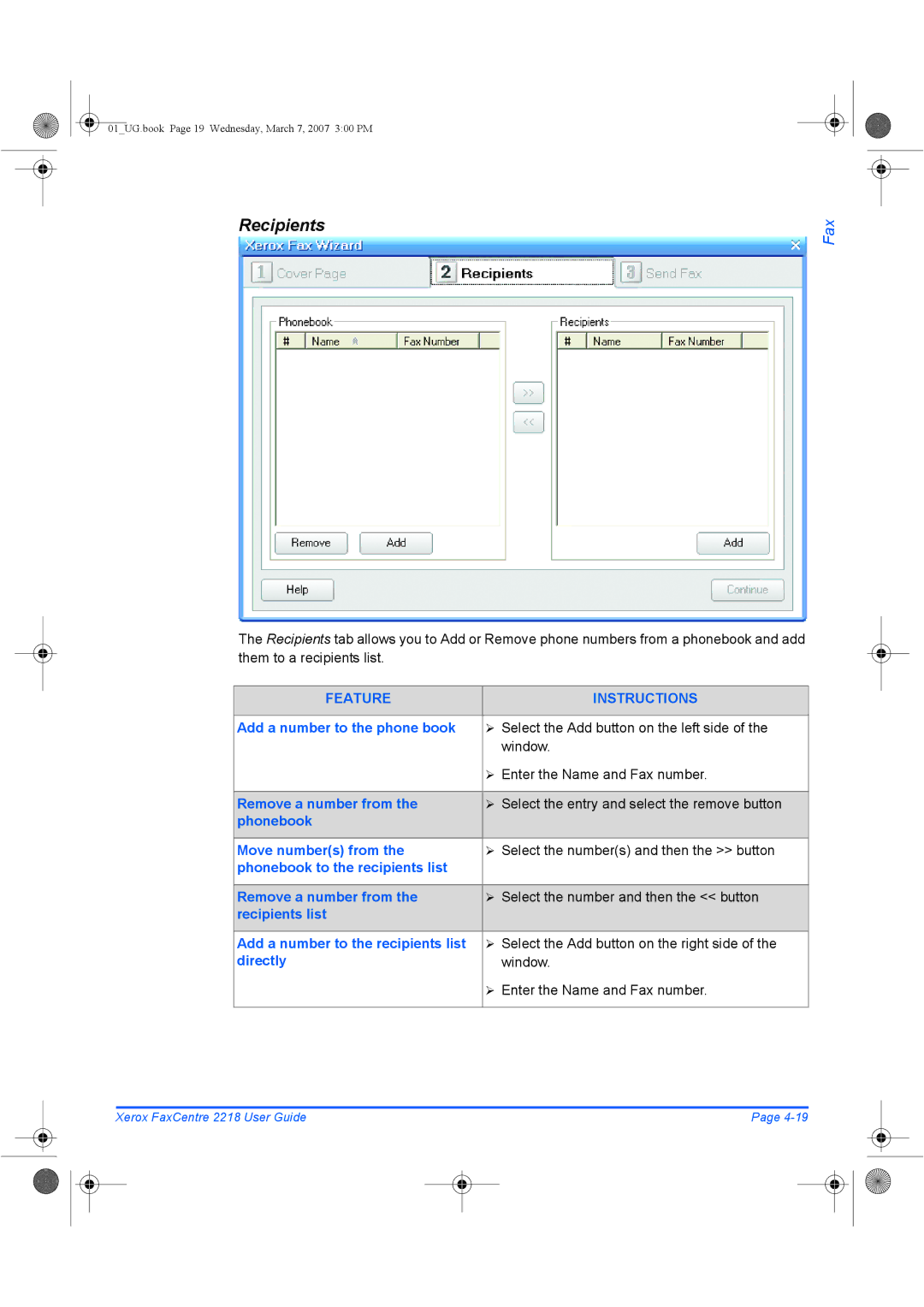 Xerox 2218 manual Recipients, Feature Instructions 