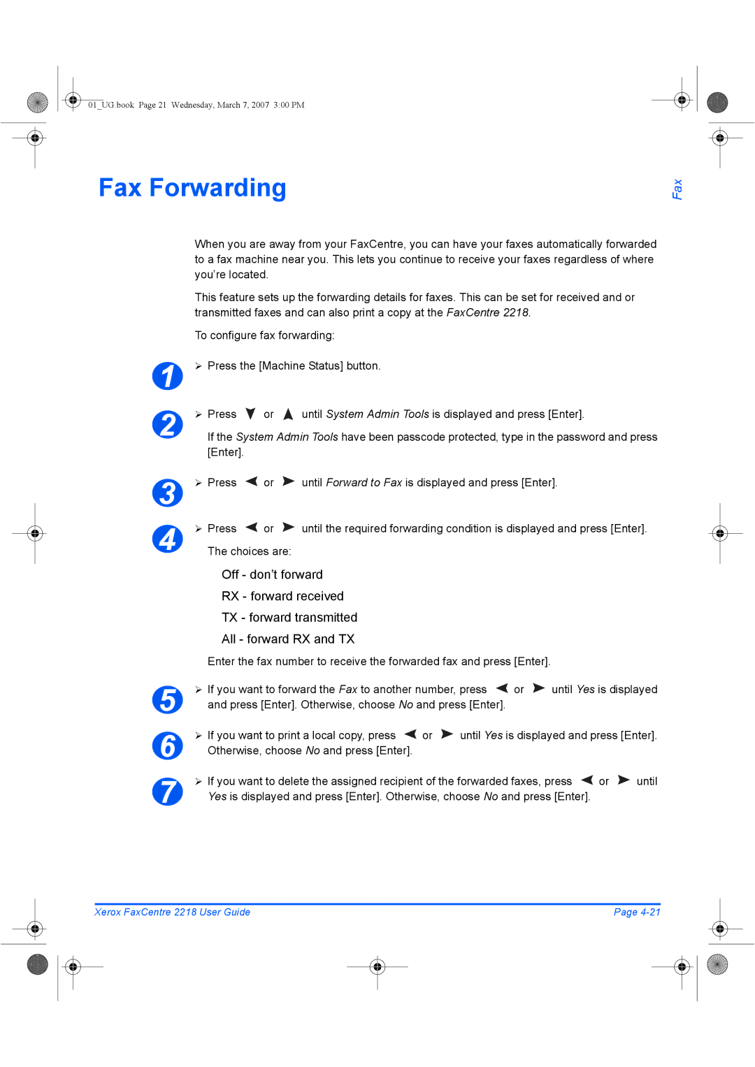 Xerox 2218 manual Fax Forwarding, Choices are 