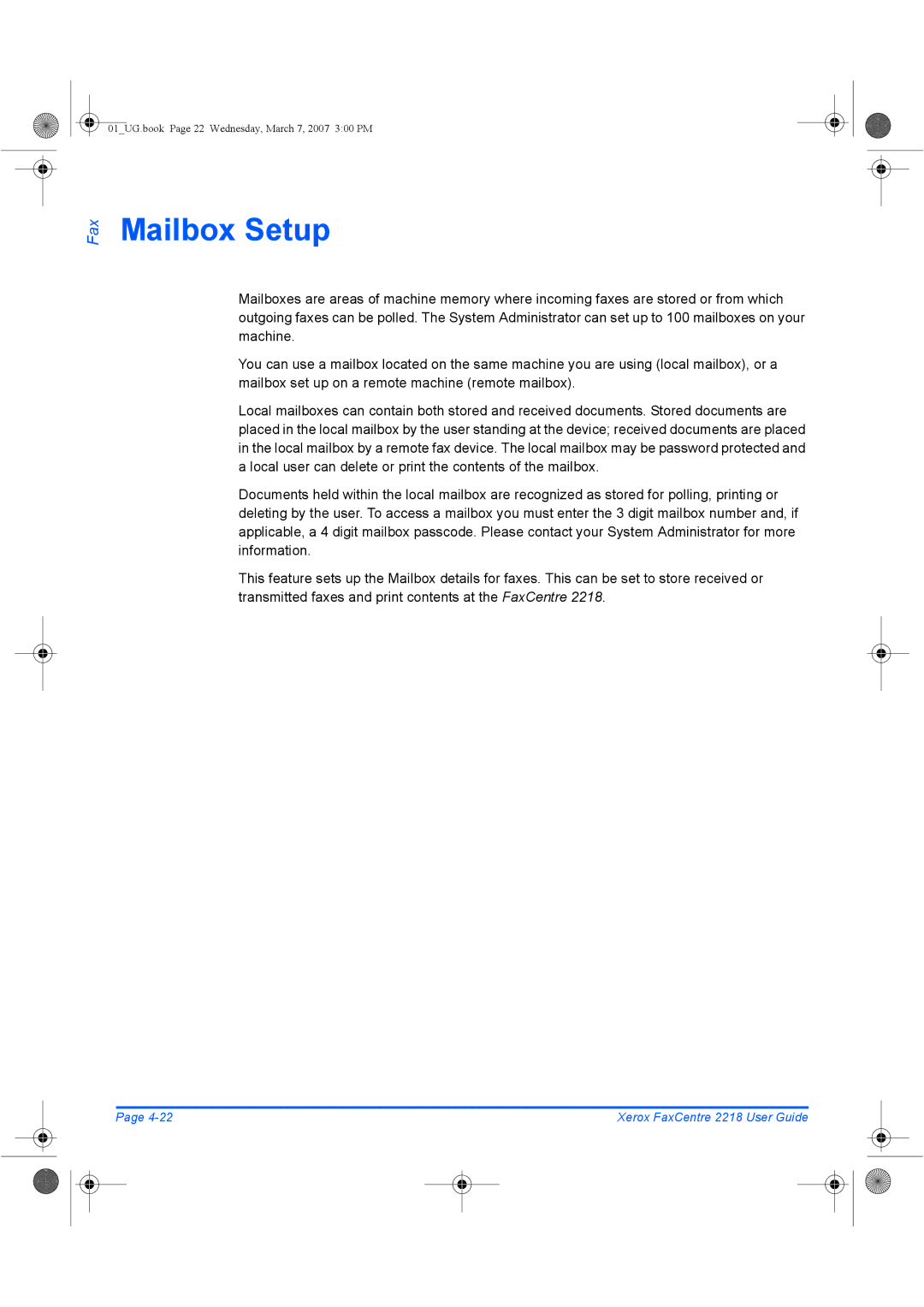 Xerox 2218 manual Mailbox Setup 